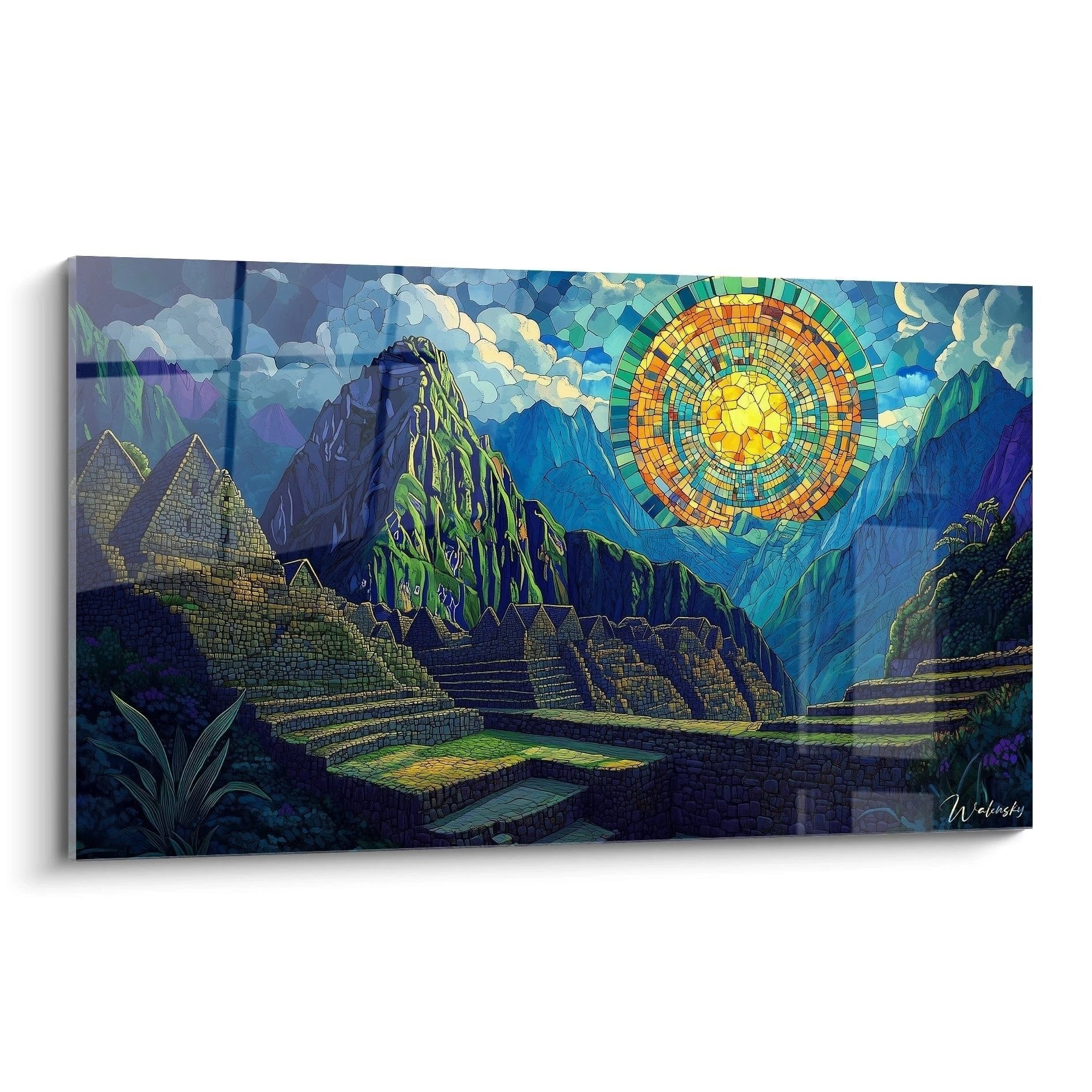 Wandbild Machu Picchu mit goldenem Sonnenmandala in Glasmalerei-Optik zwischen mystischen Andenbergen