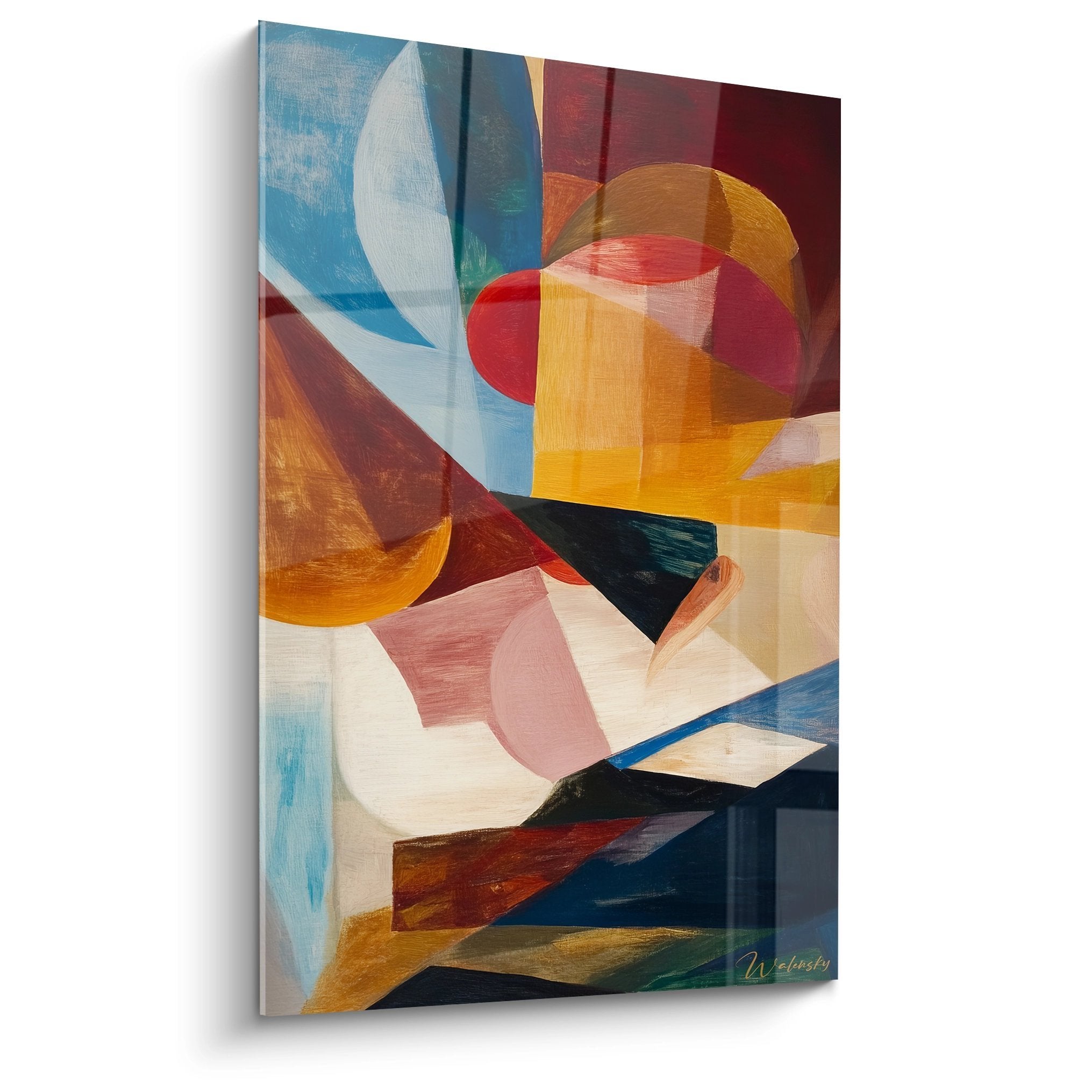 Wandbild mit abstrakter geometrischer Komposition in warmen Orange- und Rottönen sowie kühlen Blautönen