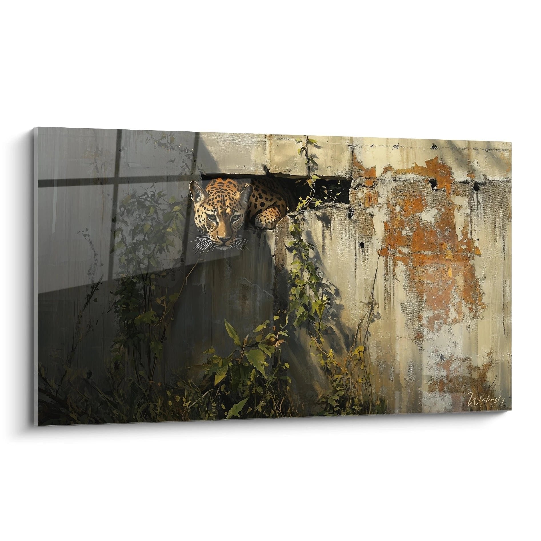 Wandbild mit majestätischem Jaguar in verfallener urbaner Ruine, Street Art Stil