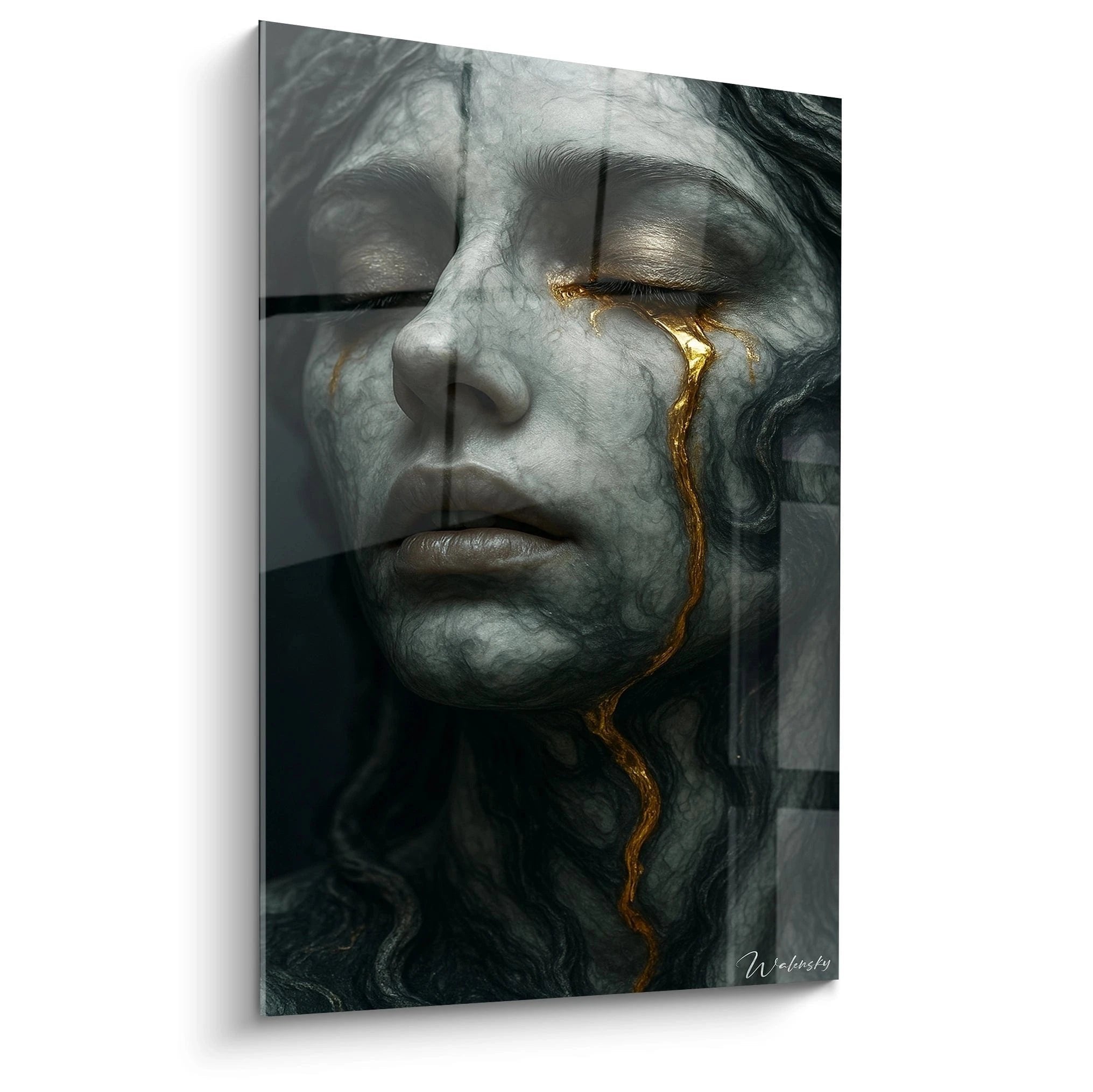 Wandbild einer weinenden grauen Statue mit goldener Träne, emotionale Kunstfotografie in Grau und Gold