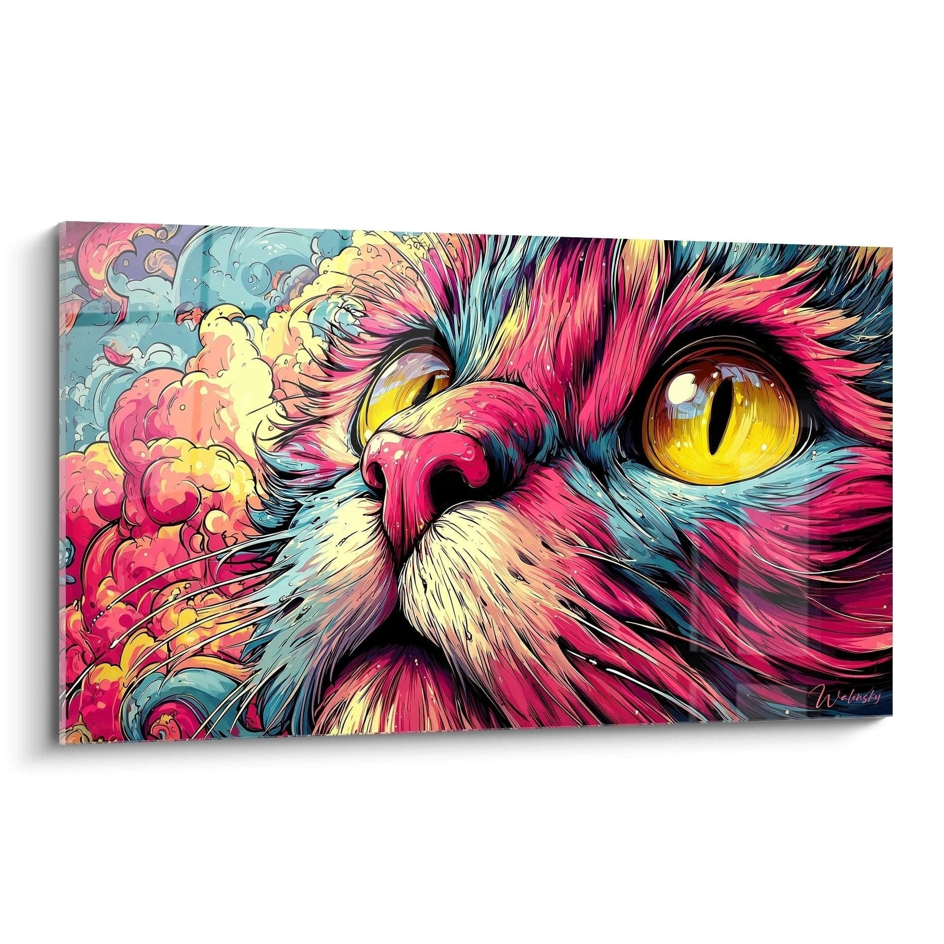 Psychedelisches Wandbild einer Katze mit leuchtend gelben Augen in Pink und Türkis - Edition Farbexplosion
