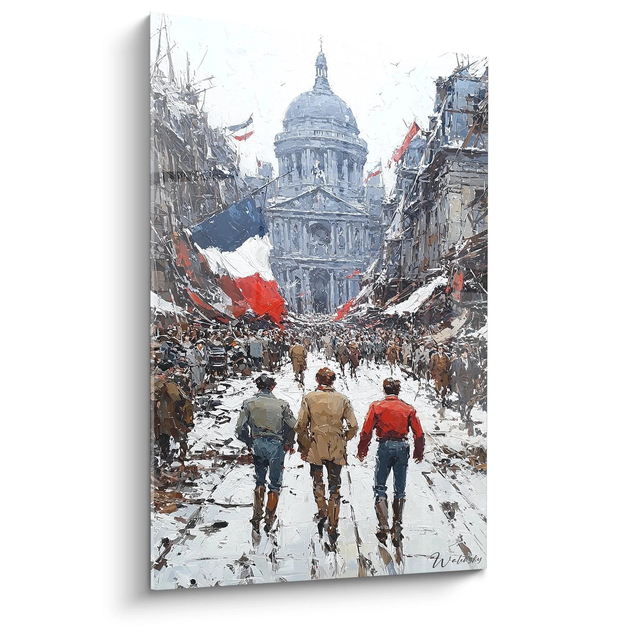 Wandbild drei Revolutionäre schreiten durch zerstörtes Paris zum Panthéon mit französischen Flaggen