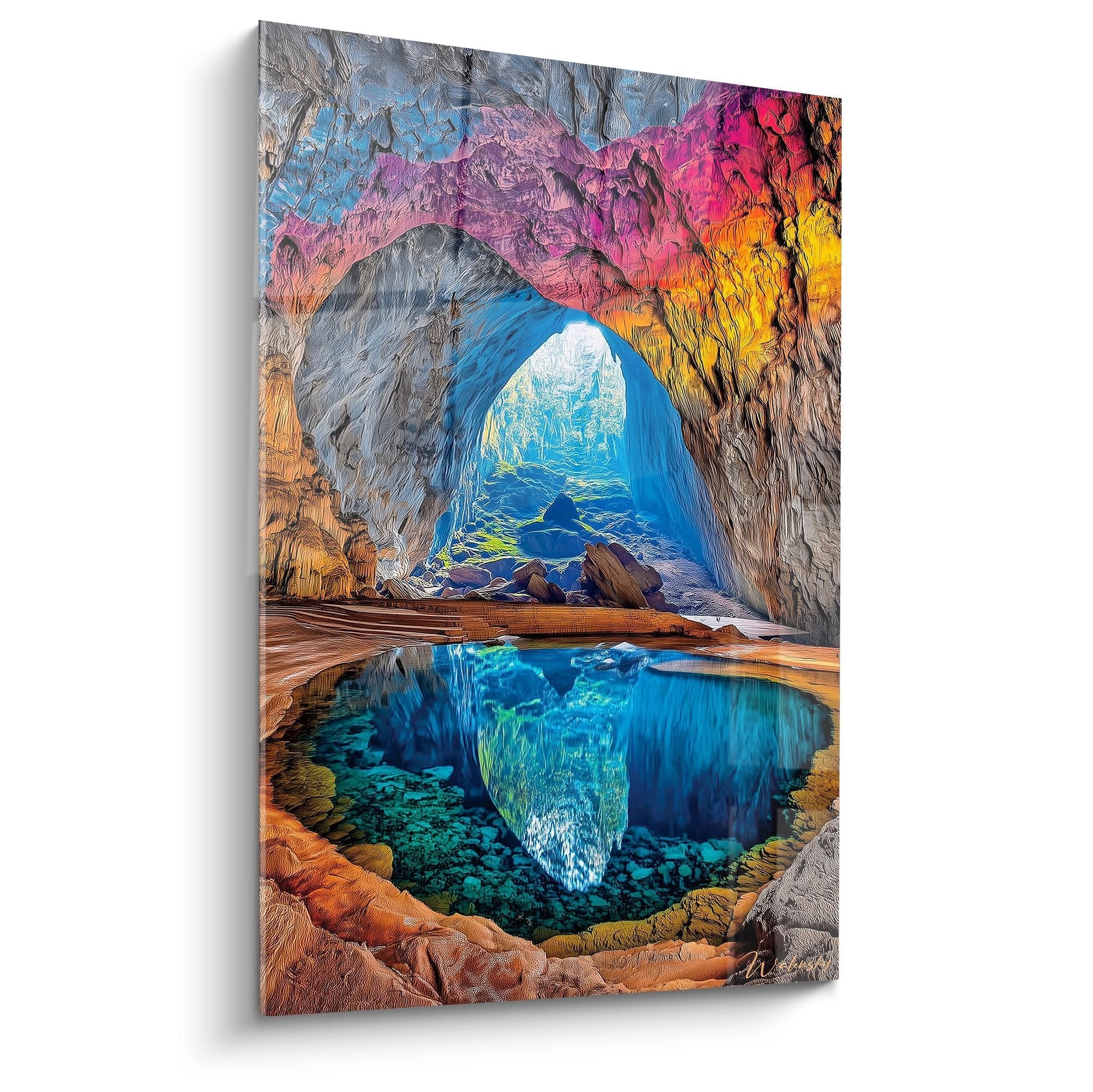 Wandbild einer magischen Unterwasserhöhle mit kristallklarem türkisem Pool und bunten Höhlenwänden