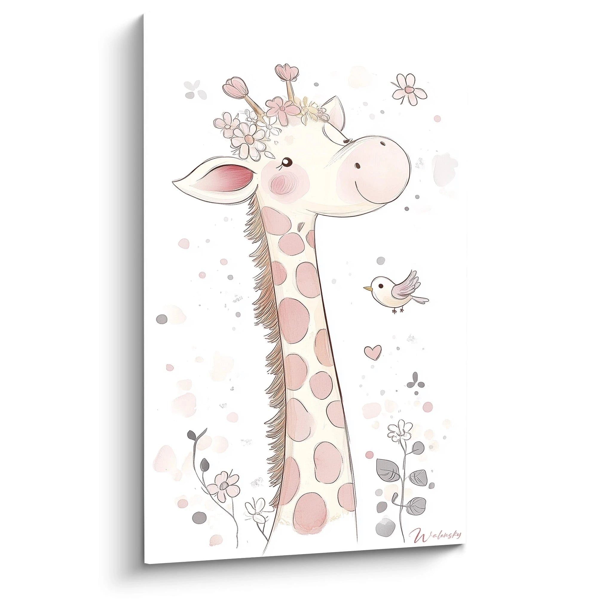 Süße Giraffe mit rosa Blumenkrone und kleinem Vogel als Kinderzimmer Wandbild in Pastellfarben