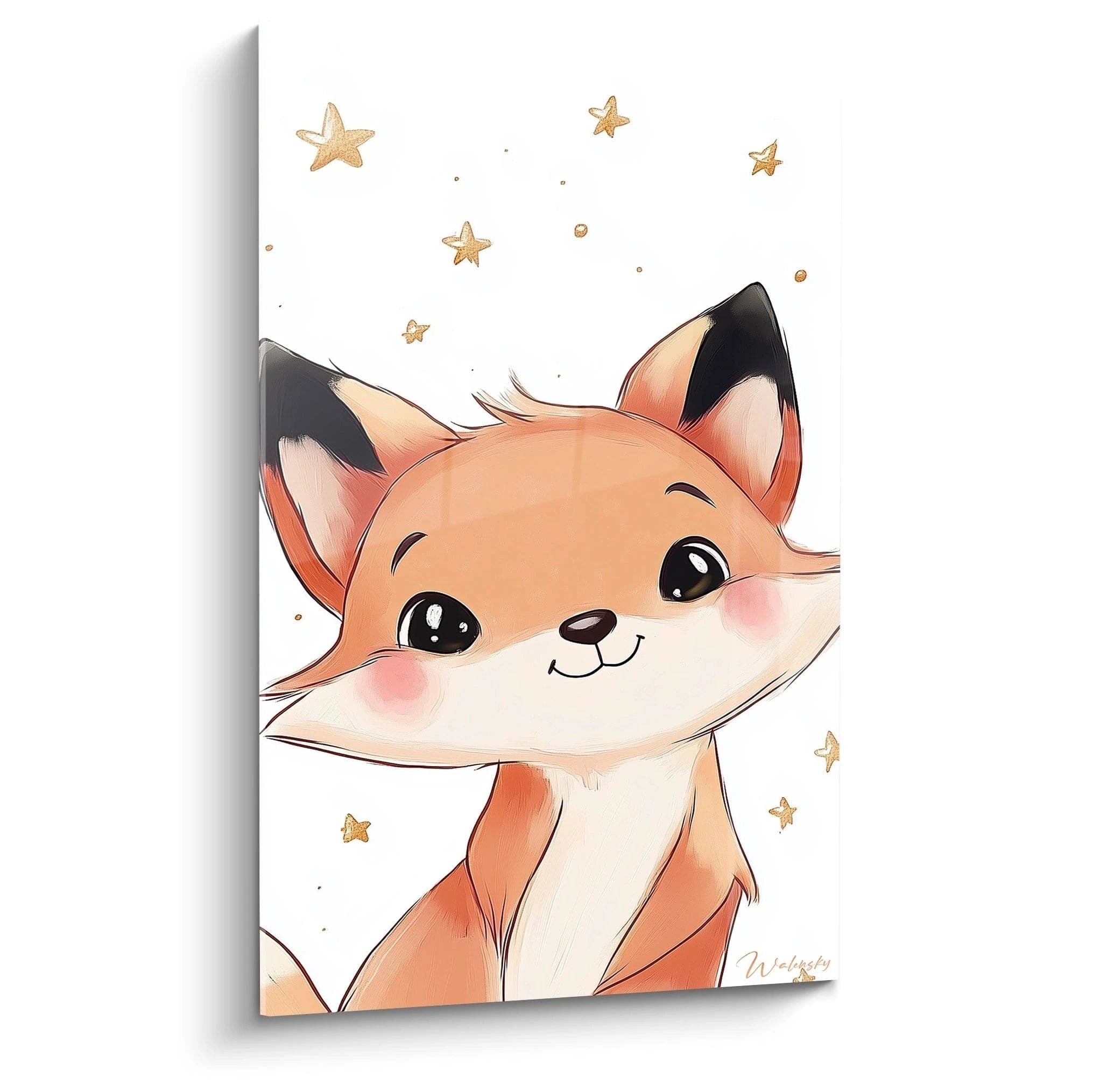 Niedliches Wandbild mit orangefarbenem Fuchs und goldenen Sternen für Kinderzimmer Dekoration
