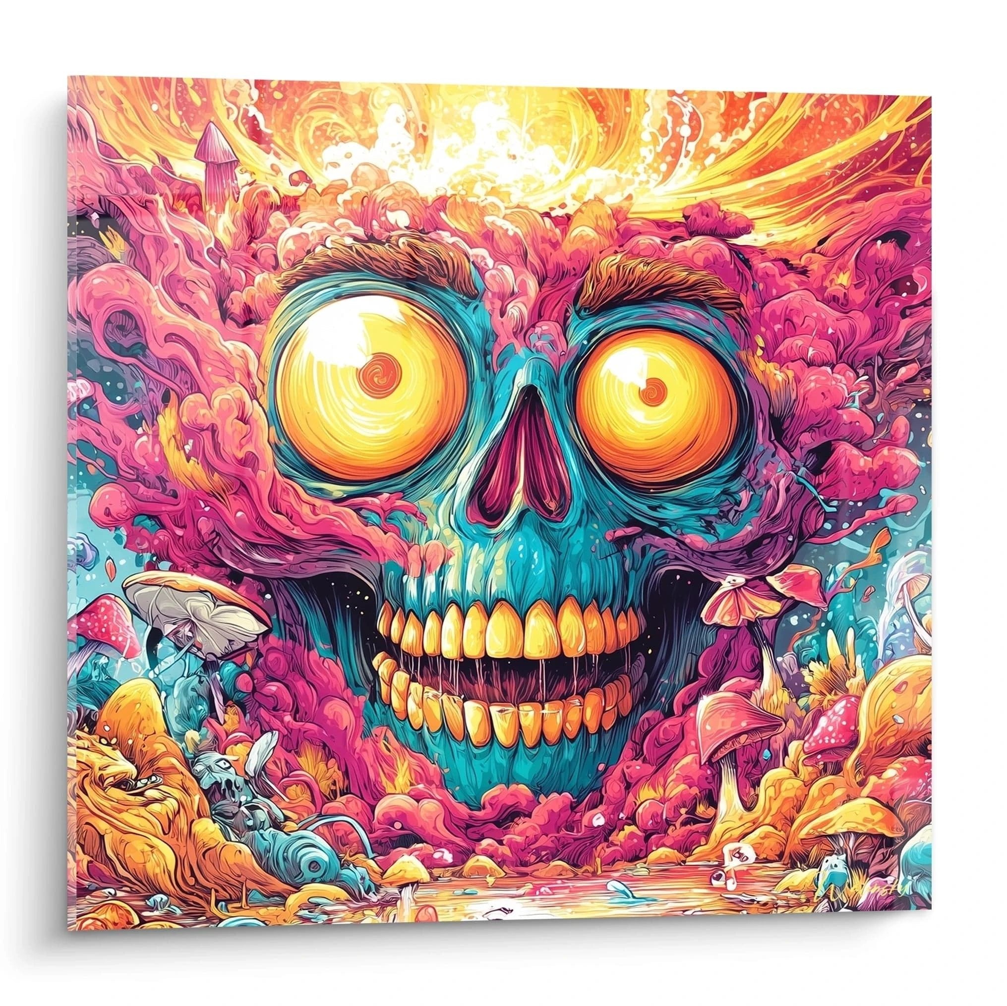 Psychedelisches Wandbild mit buntem Totenkopf in leuchtenden Rosa-, Türkis- und Gelbtönen umgeben von Pilzen
