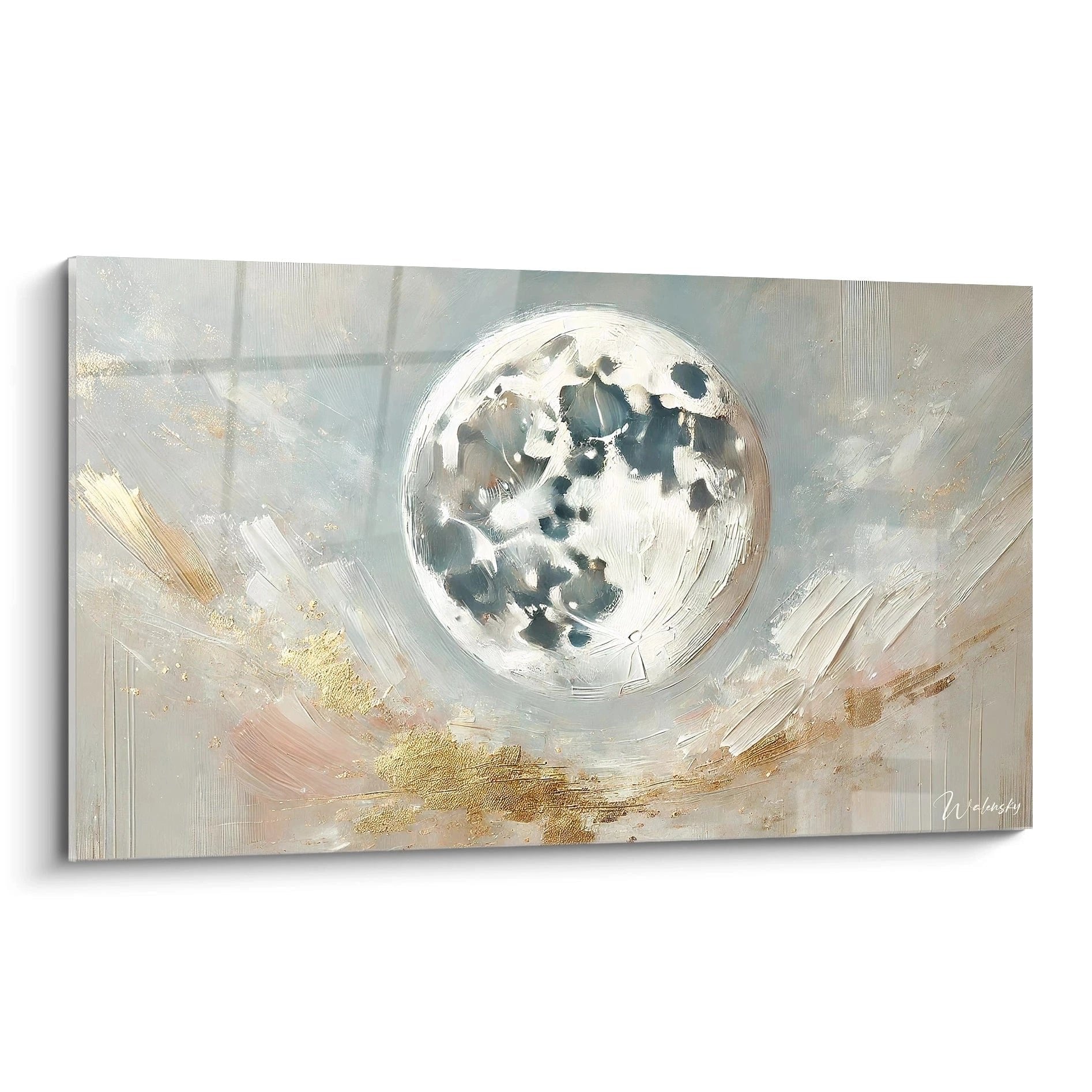 Abstraktes Wandbild mit Vollmond und goldenen Akzenten auf neutralem Hintergrund in modernem Malstil
