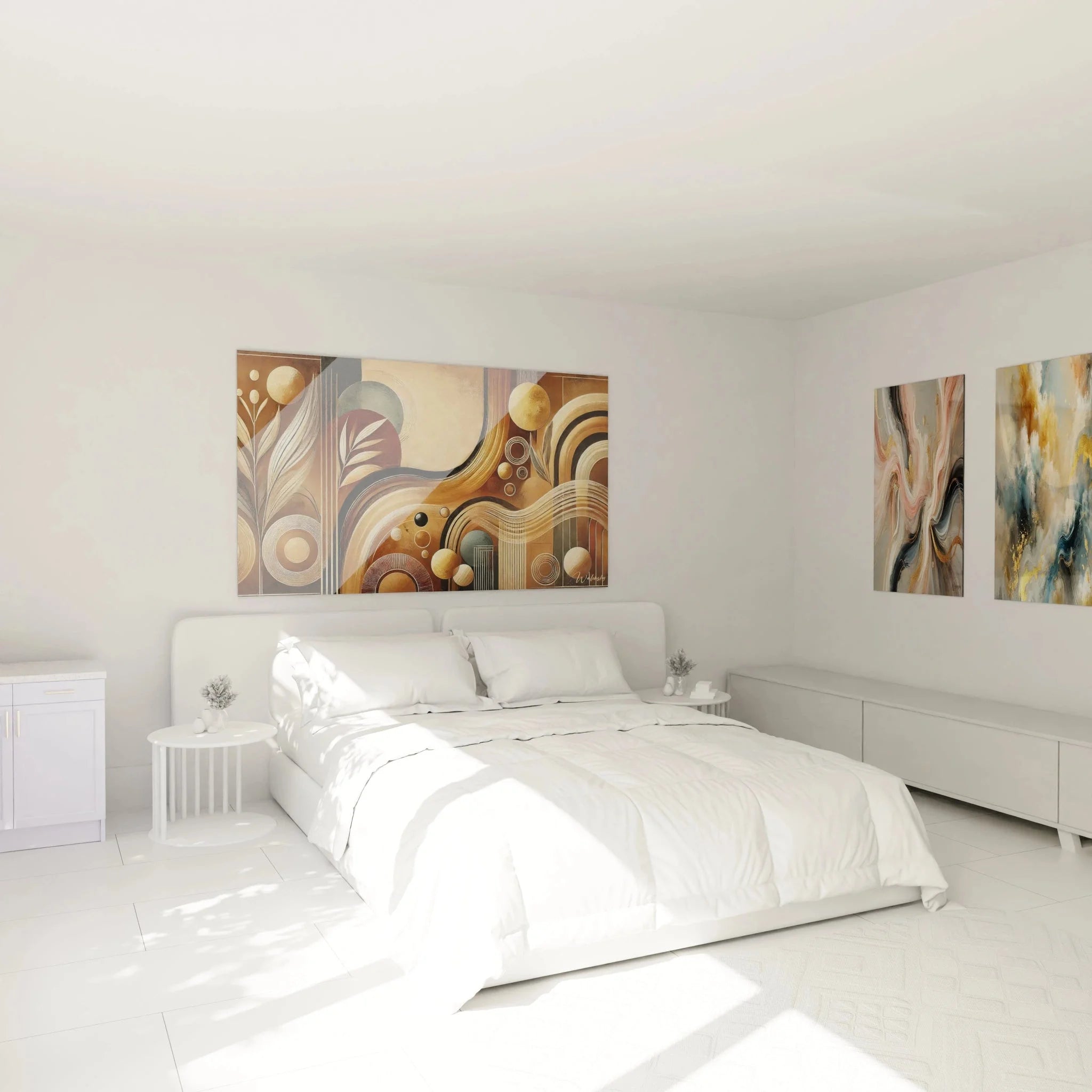 Abstrakte Afrika Wandkunst mit Ornamenten als stilvolle Schlafzimmer Dekoration in Goldtönen