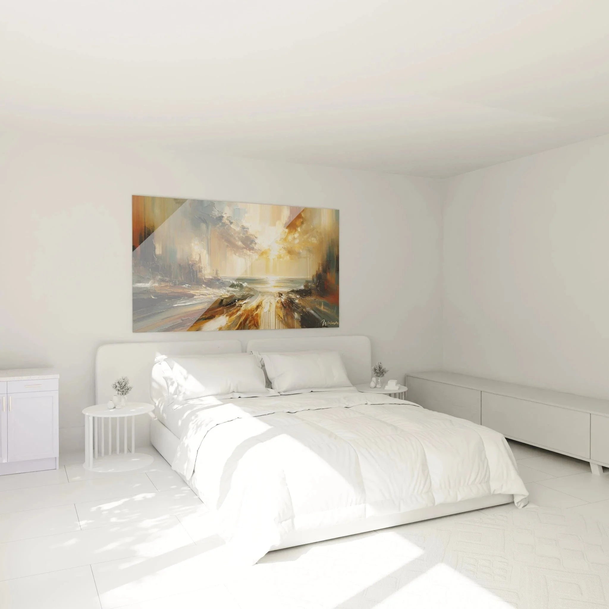 Abstrakte Architektur Wandbild im Schlafzimmer, goldenes Licht und beruhigende Farbharmonie für entspannende Raumatmosphäre