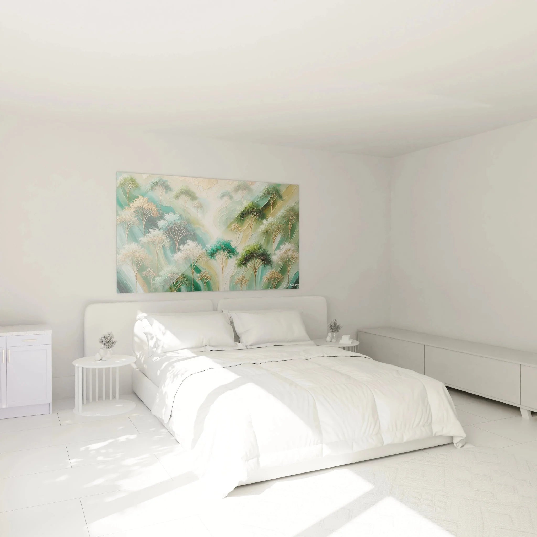 Abstraktes Wandbild Bäume im Schlafzimmer, beruhigende Waldkunst in sanften Farben