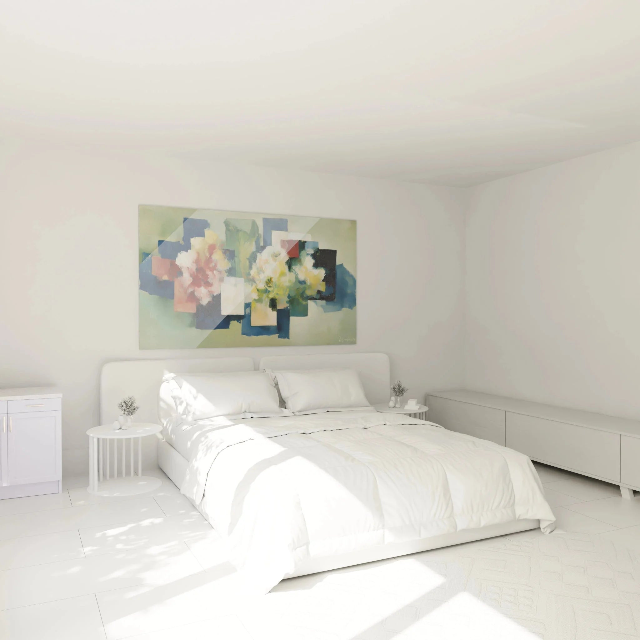 Abstrakte Blumen Wanddekoration im Schlafzimmer - Dadaistische Kunst für moderne Wohnräume