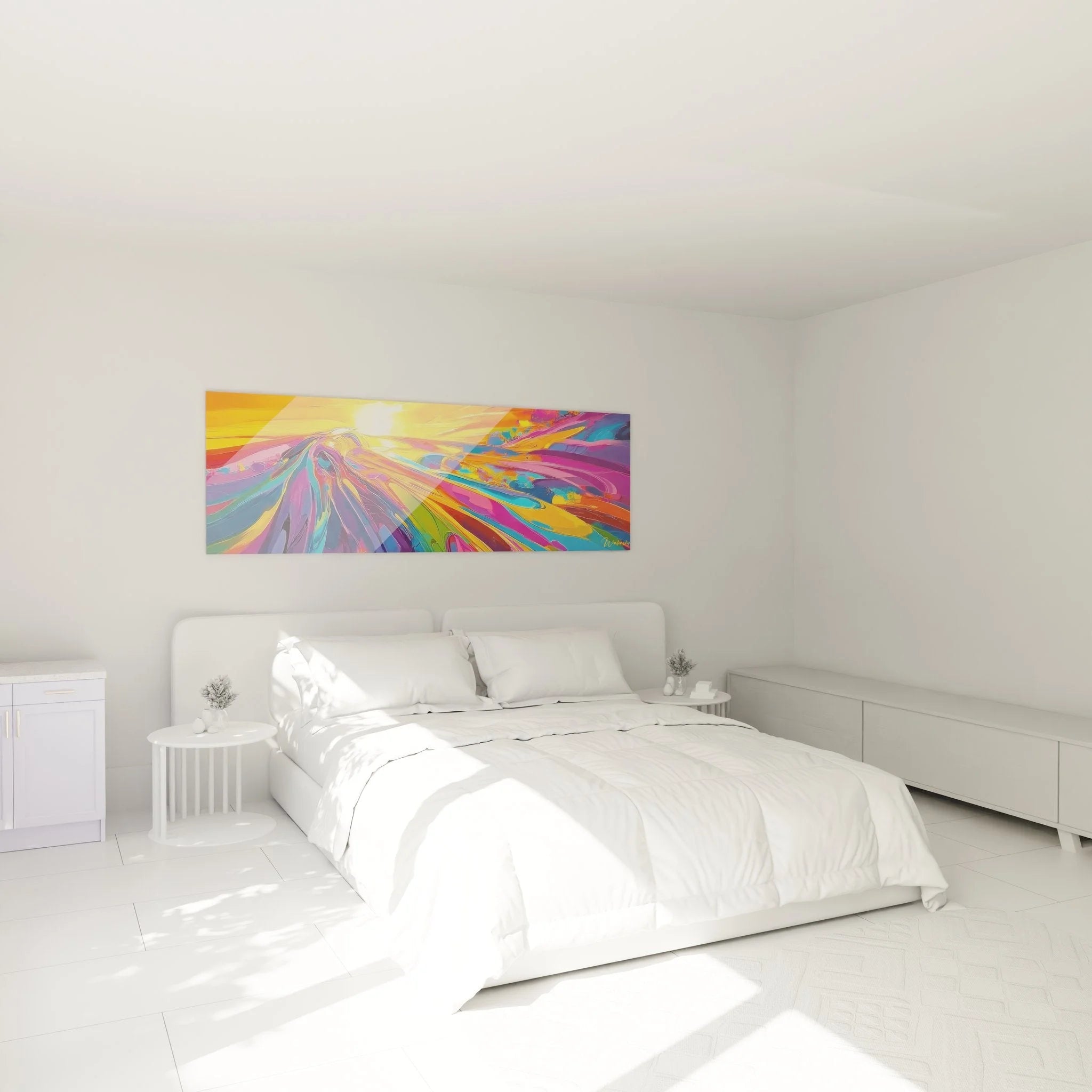 Abstrakte Farbexplosion Wandbild als moderne Wanddekoration im Schlafzimmer mit warmen Farbtönen