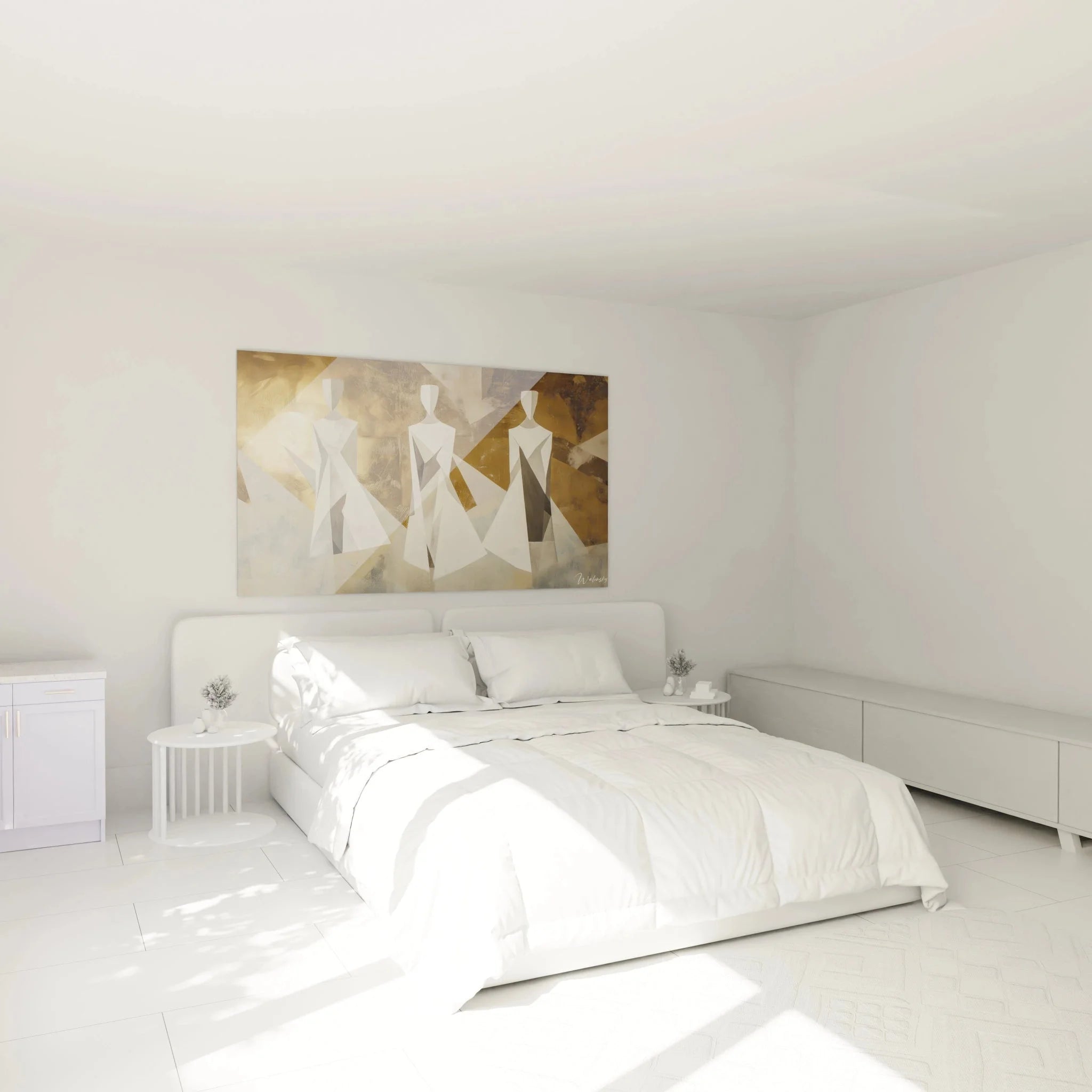 Abstrakte Figuren Wandbild in goldenem Design als Schlafzimmer Dekoration im Botticelli Stil