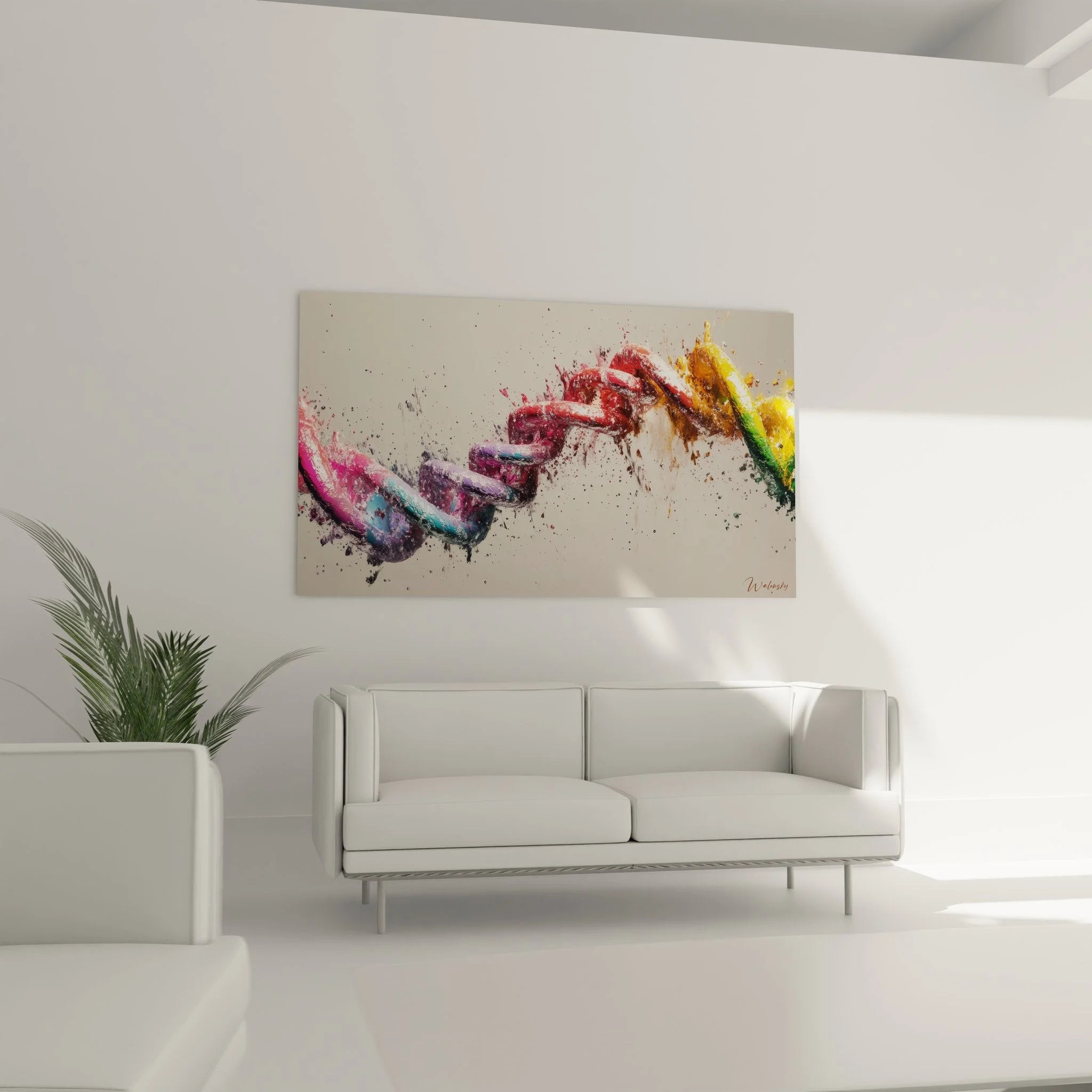 Detailansicht Wandbild abstrakte Hände mit leuchtenden Farben und expressiven Pinselstrichen