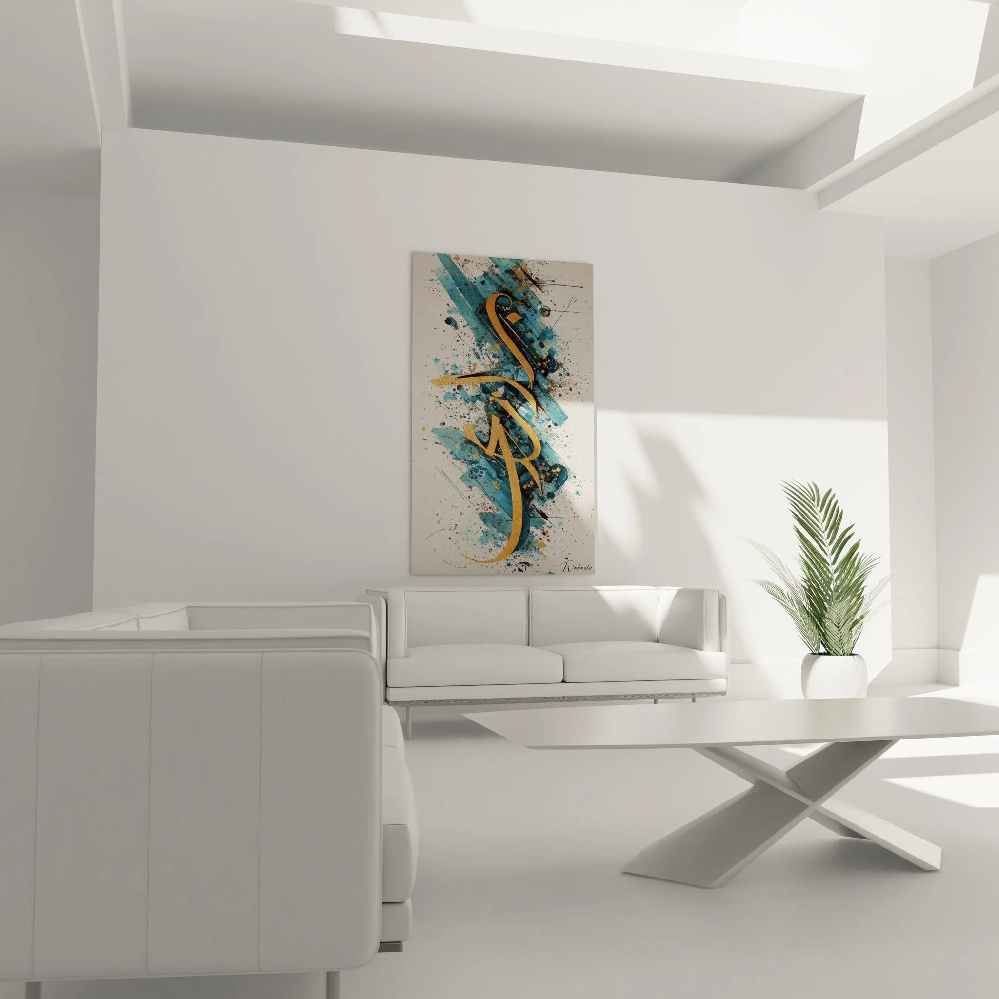 Nahaufnahme goldener Kalligrafie Details mit türkisen Farbverläufen und Spritzern