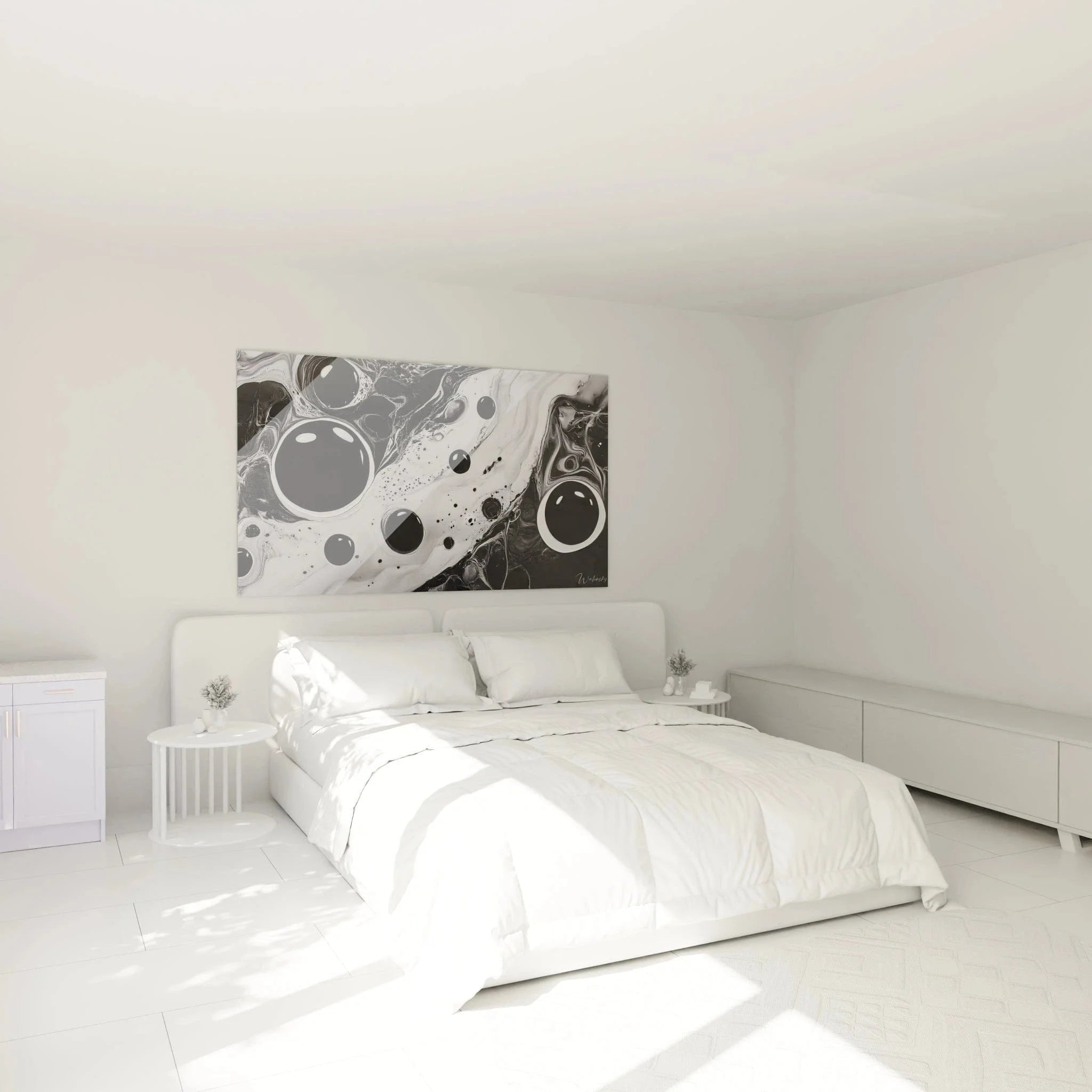 Abstrakte Kreise Wandbild in Schlafzimmer schwarz-weiß Dekoration moderne Wandkunst Ambiente
