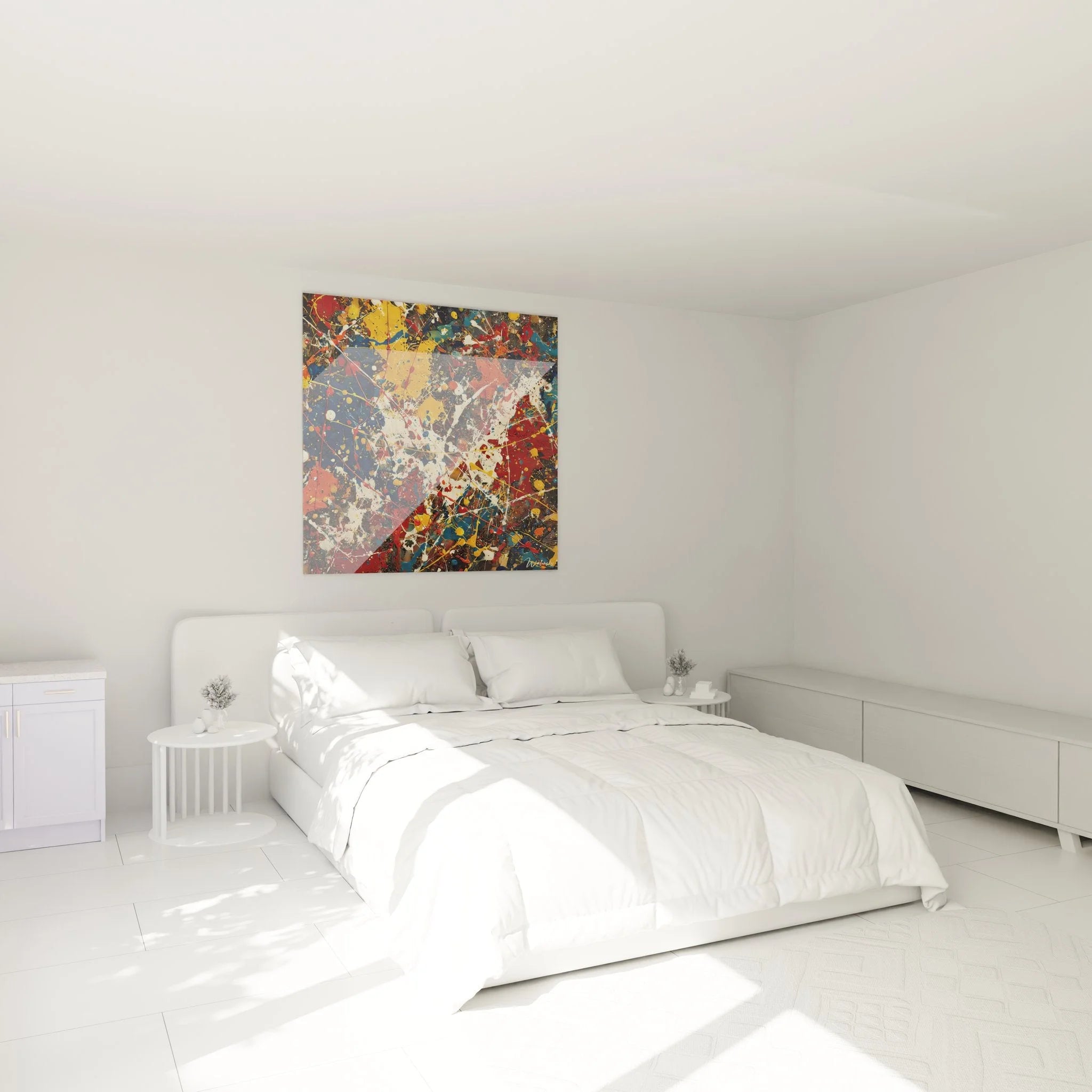 Abstrakte Kunst Wandbild mit Farbspritzern als Schlafzimmer Dekoration in moderner Einrichtung