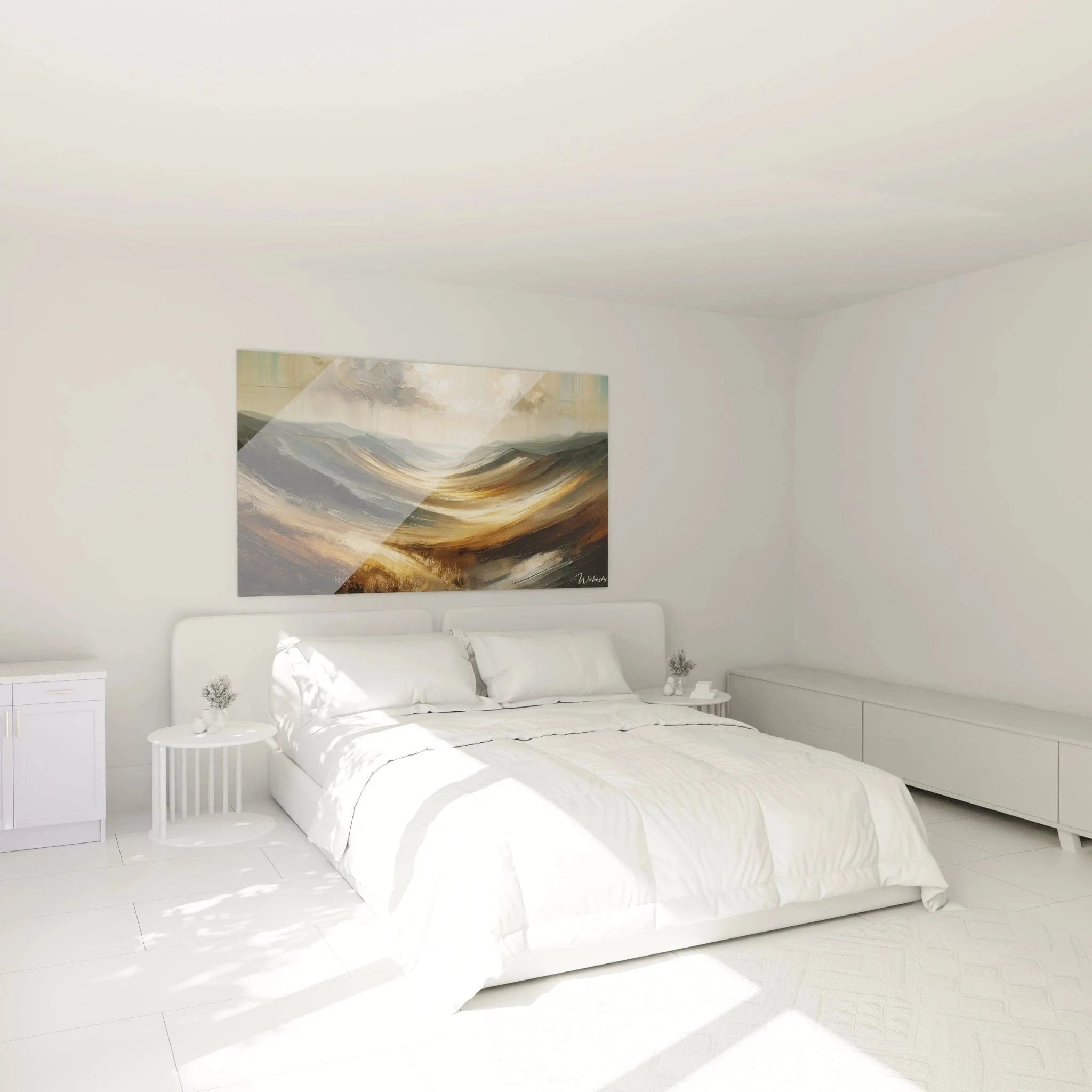 Abstrakte Berglandschaft Wandbild in Schlafzimmer Ambiente - warme goldene Farbtöne