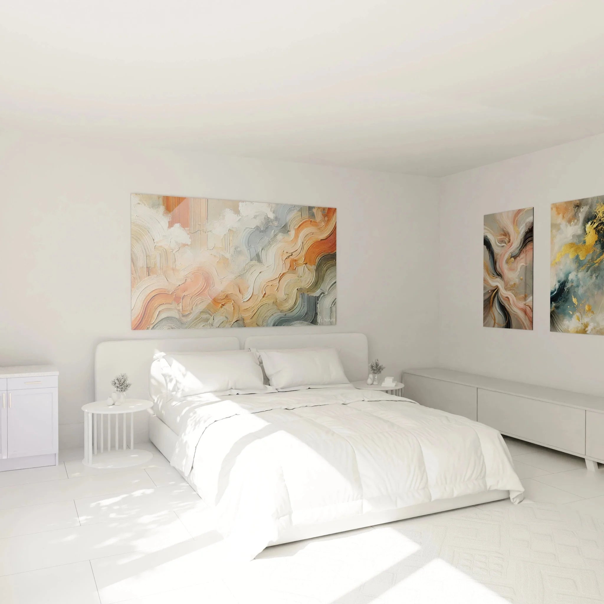 Abstrakte Malerei Wandbild in Schlafzimmer Ambiente, fließende Erdtöne schaffen beruhigende Atmosphäre