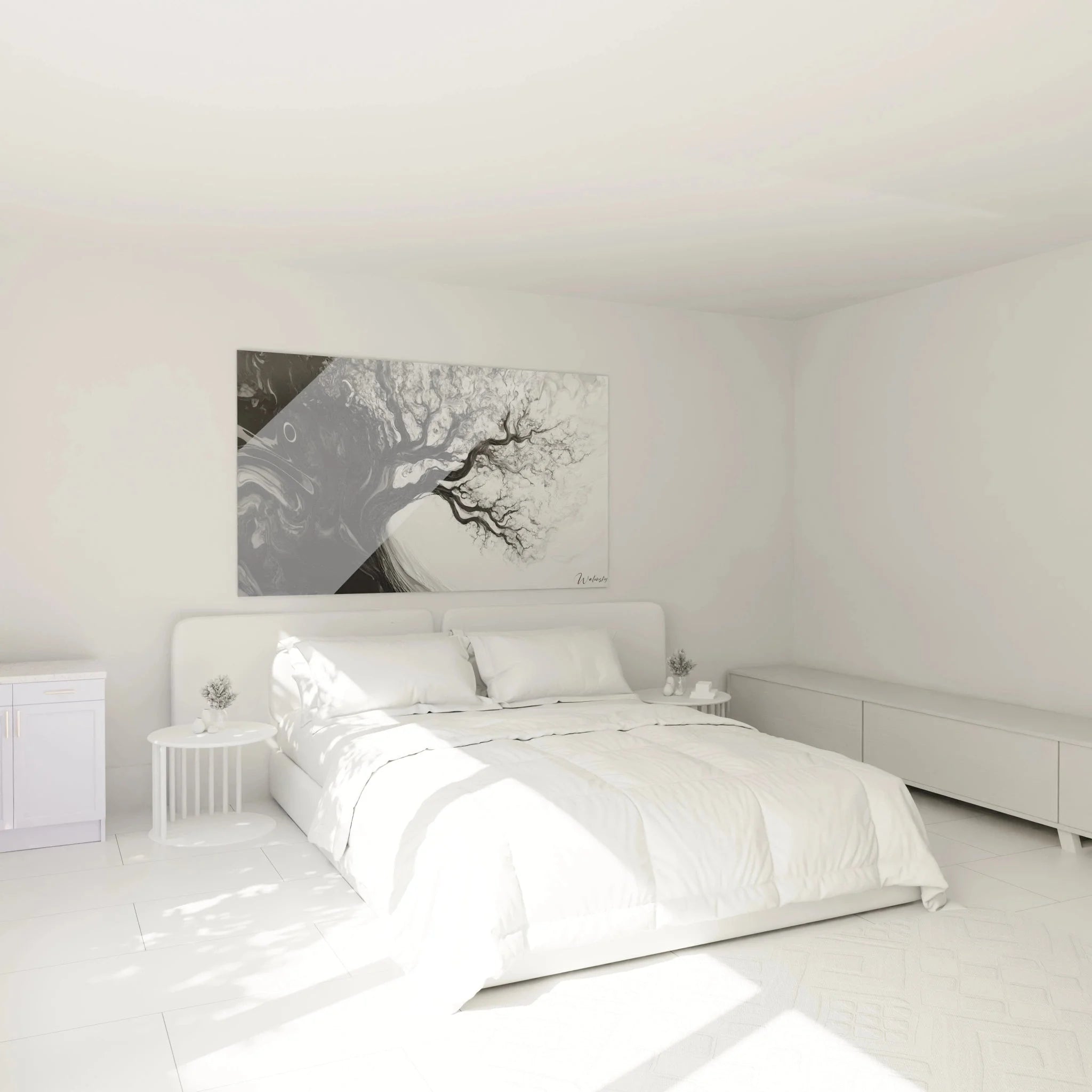 Abstrakte Marmorierung Wandbild in modernem Schlafzimmer - elegante schwarz-weiße Wanddekoration