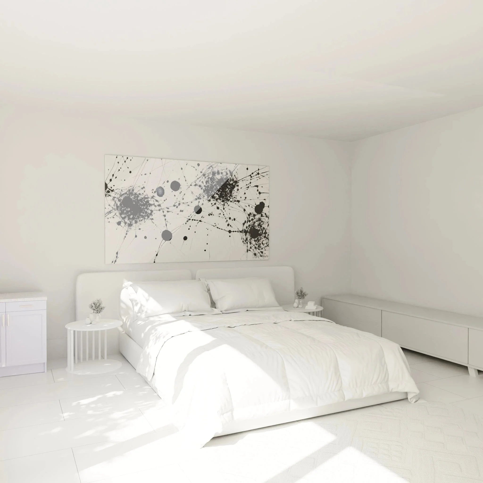 Abstrakte Netzwerk Wandkunst schwarz-weiß im Schlafzimmer Ambiente mit XXL Format