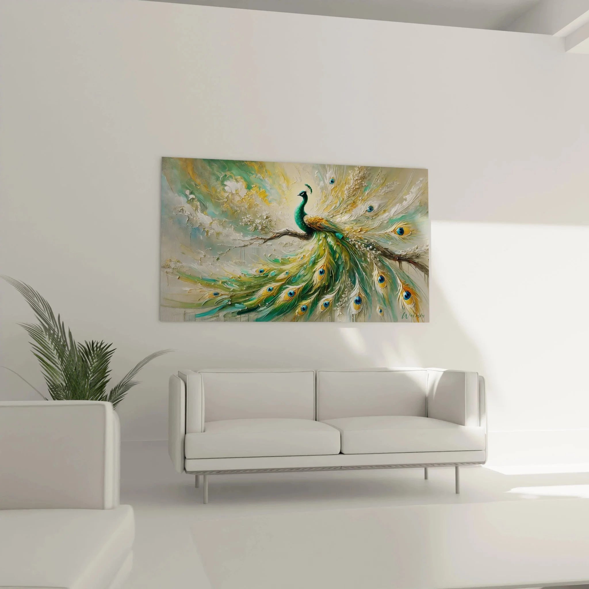 Detailansicht der abstrakten Pfau Federstruktur mit leuchtenden Augenfedern in Blau und Gold