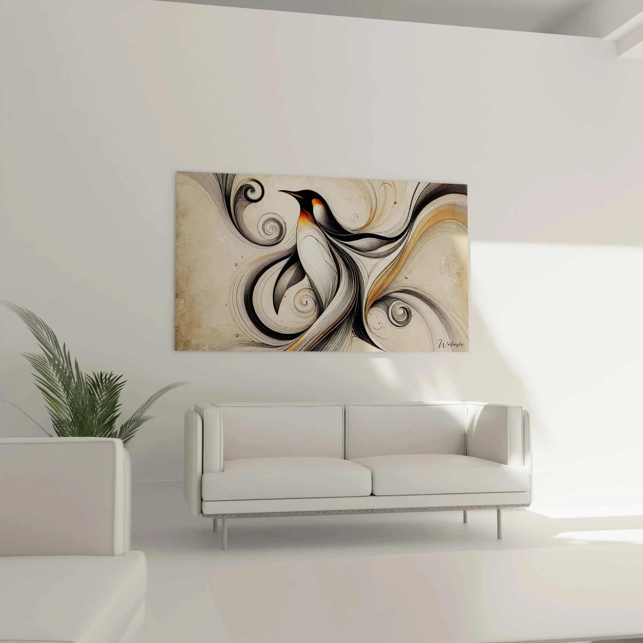Detailansicht des abstrakten Pinguin Wandbildes - kunstvolle Spiralen und fließende Linien in Nahaufnahme
