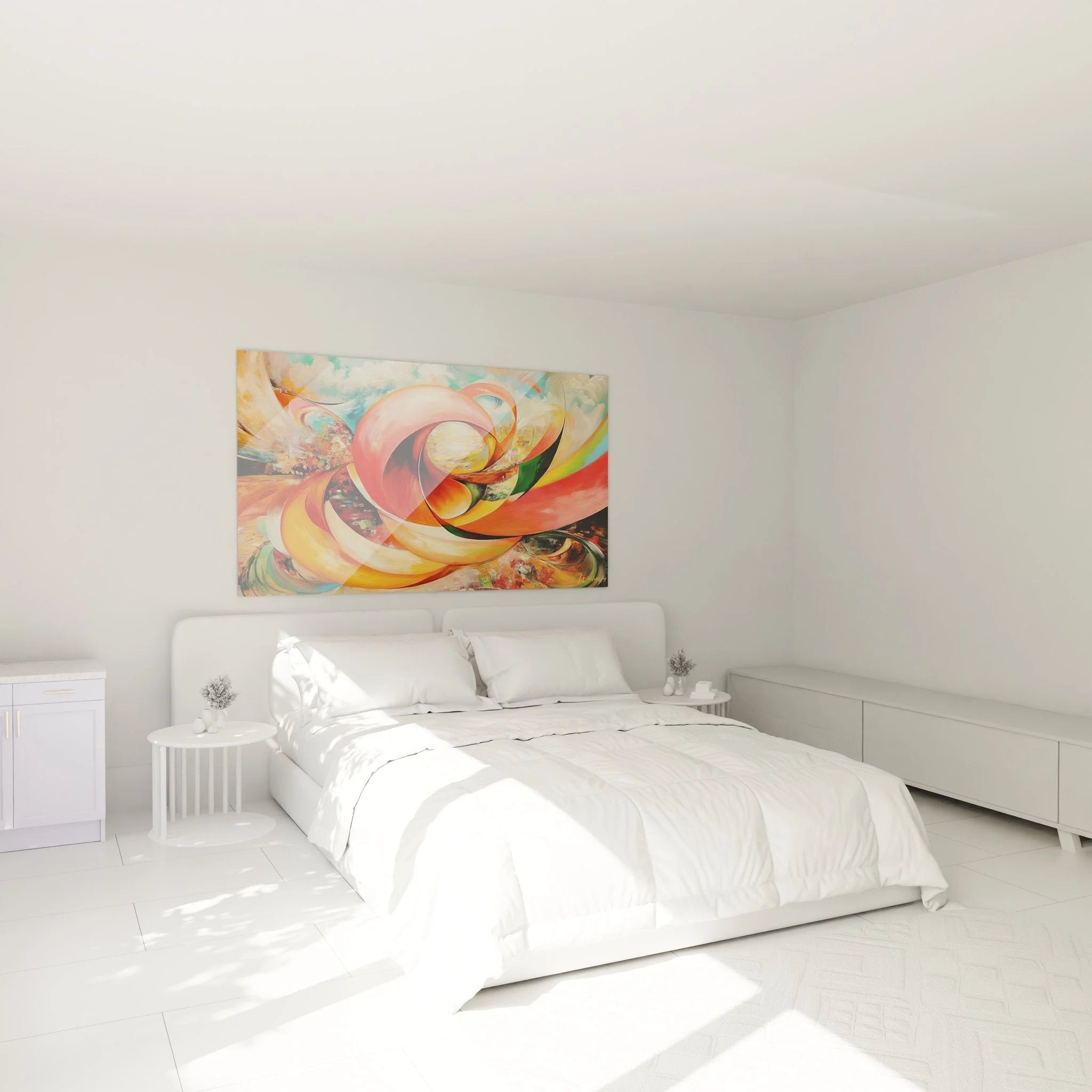 Abstrakte Spiralen Wandbild im Schlafzimmer - stilvolle Raumdekoration mit leuchtenden Spiralformen