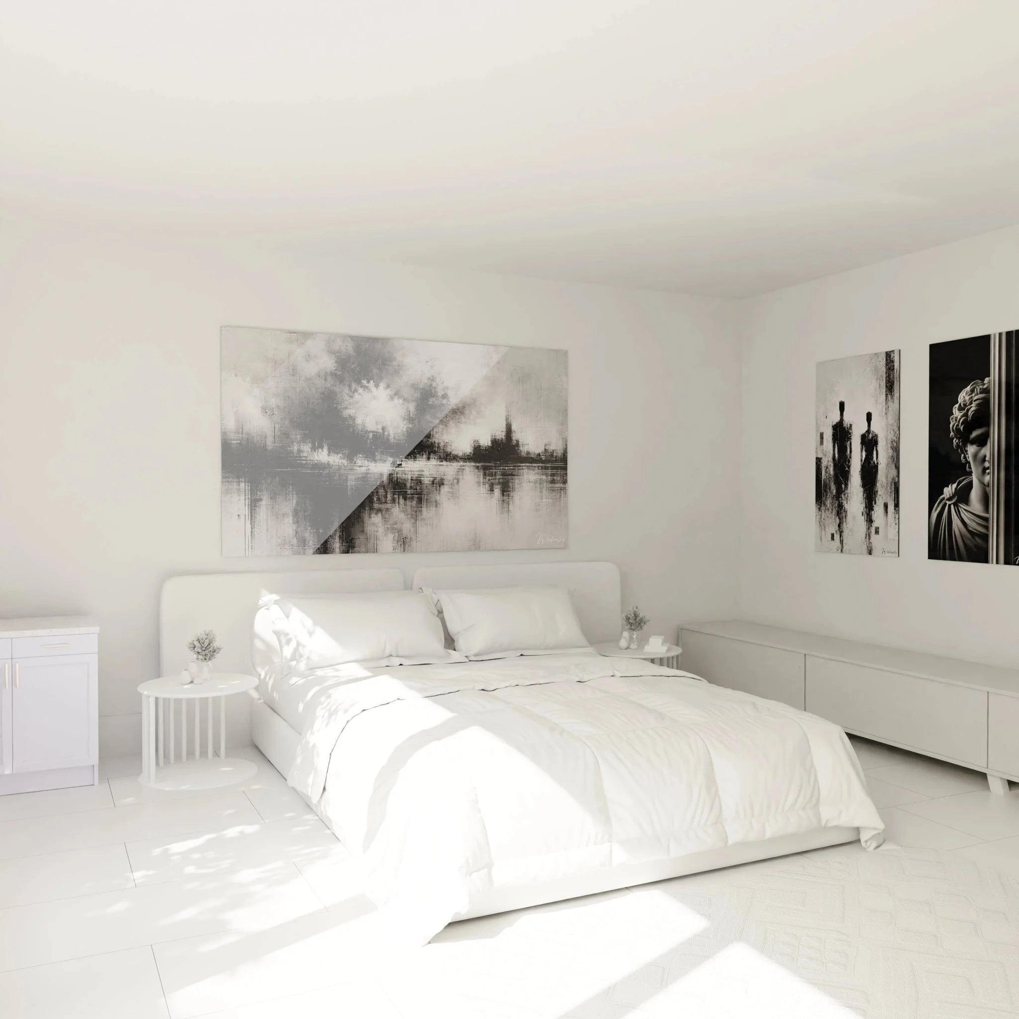 Wandbild abstrakte Stadtlandschaft schwarz-weiß im modernen Schlafzimmer als Wanddeko