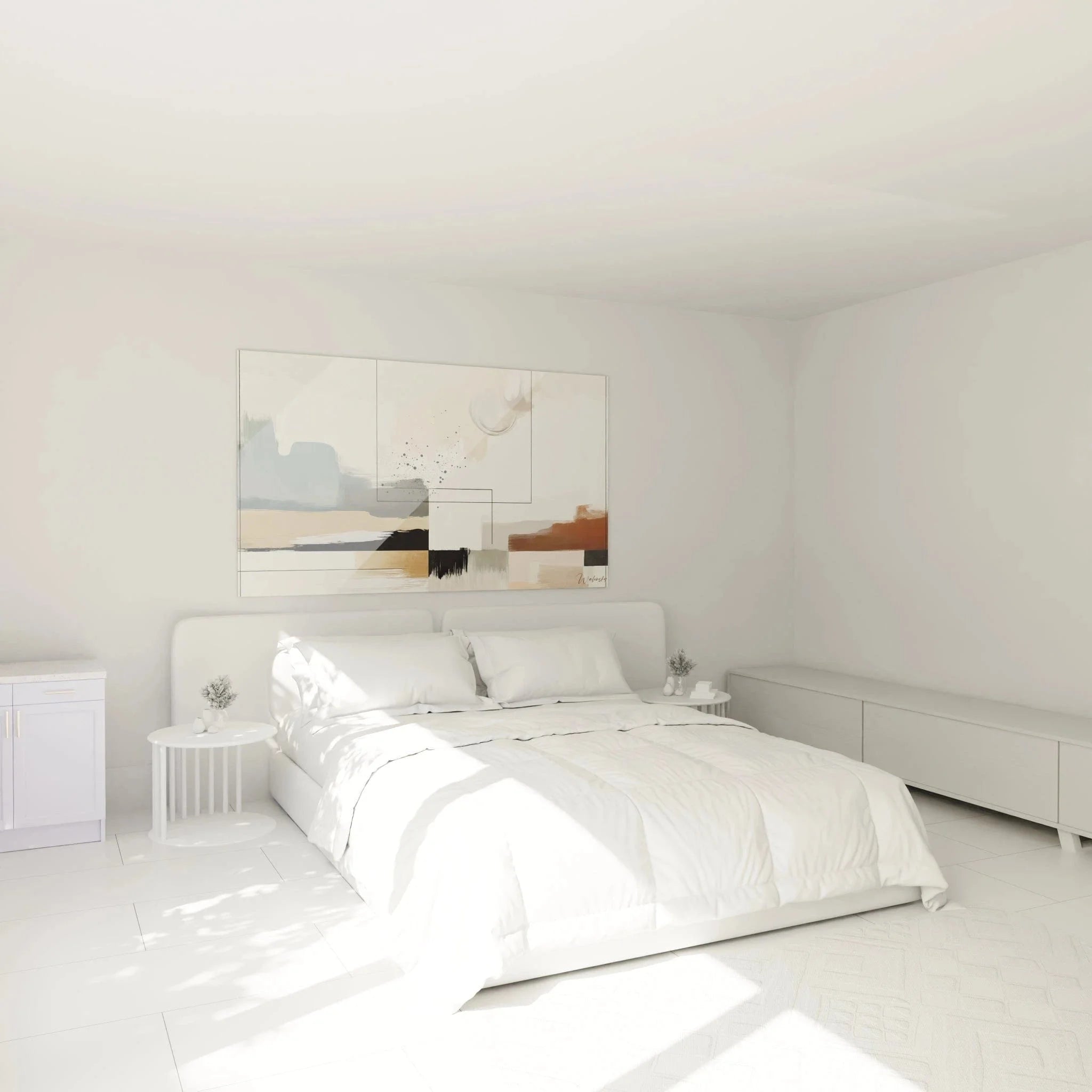 Abstrakte Wanddekoration im Schlafzimmer - geometrisches Wandbild in erdigen Farbtönen über dem Bett