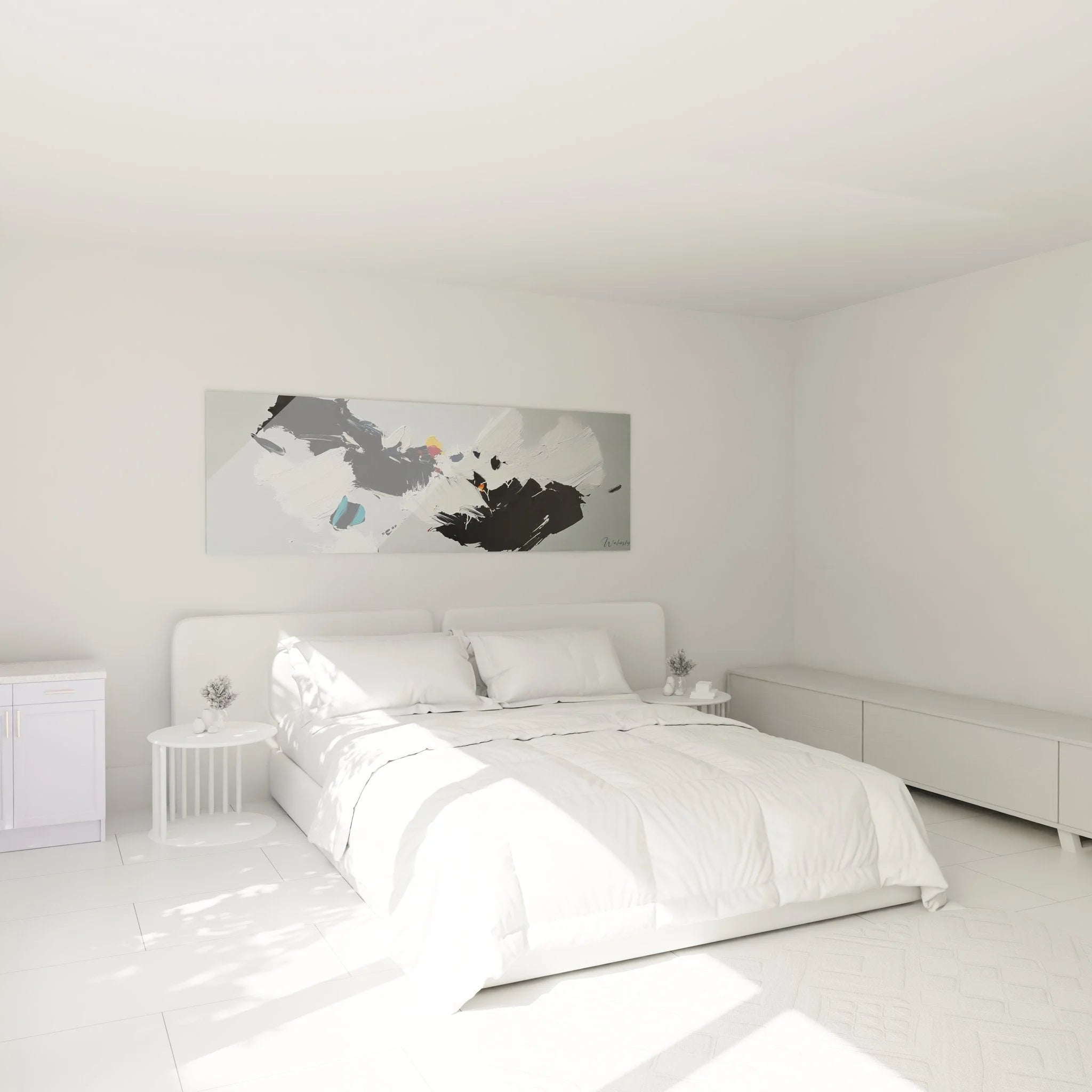 Abstrakte Wanddekoration im Schlafzimmer - minimalistische schwarzweiße Komposition