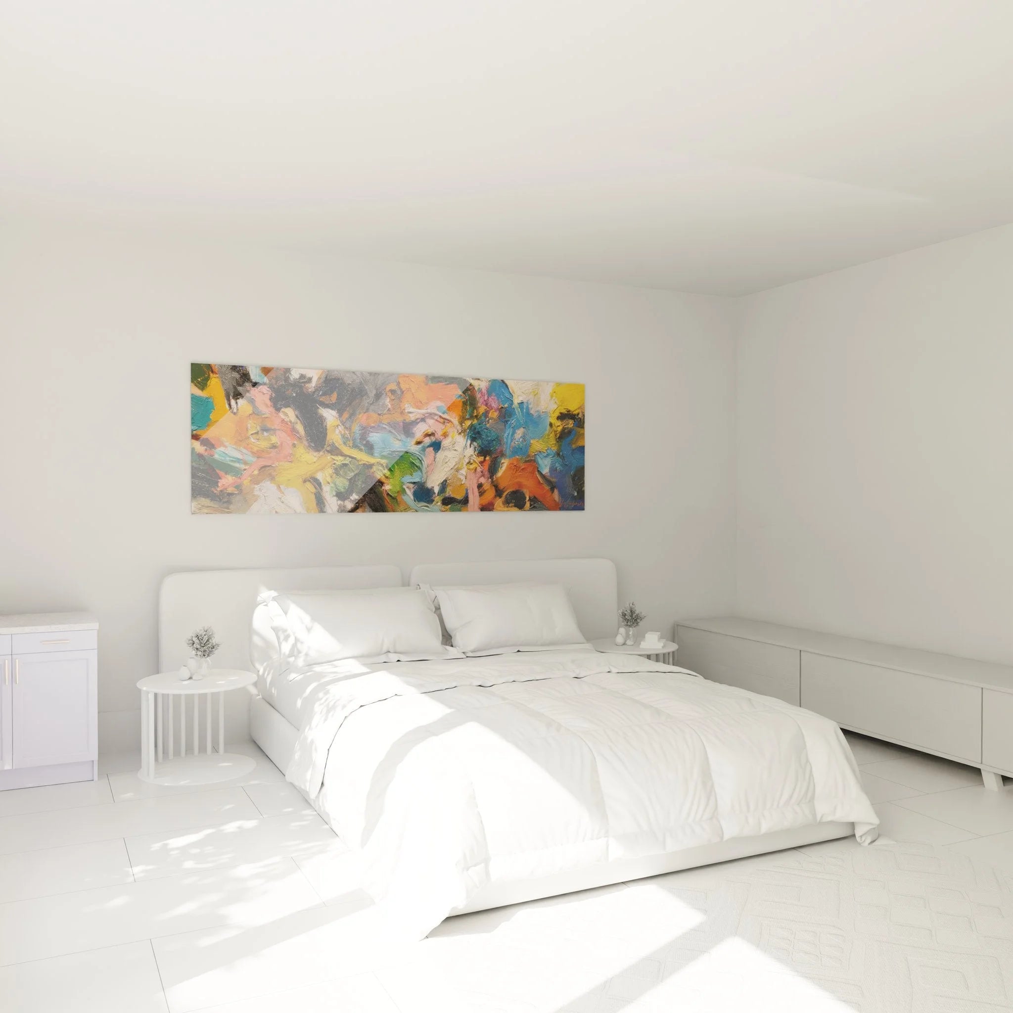 Abstrakte Farbexplosion Wandbild in modernem Schlafzimmer als expressive Wanddekoration