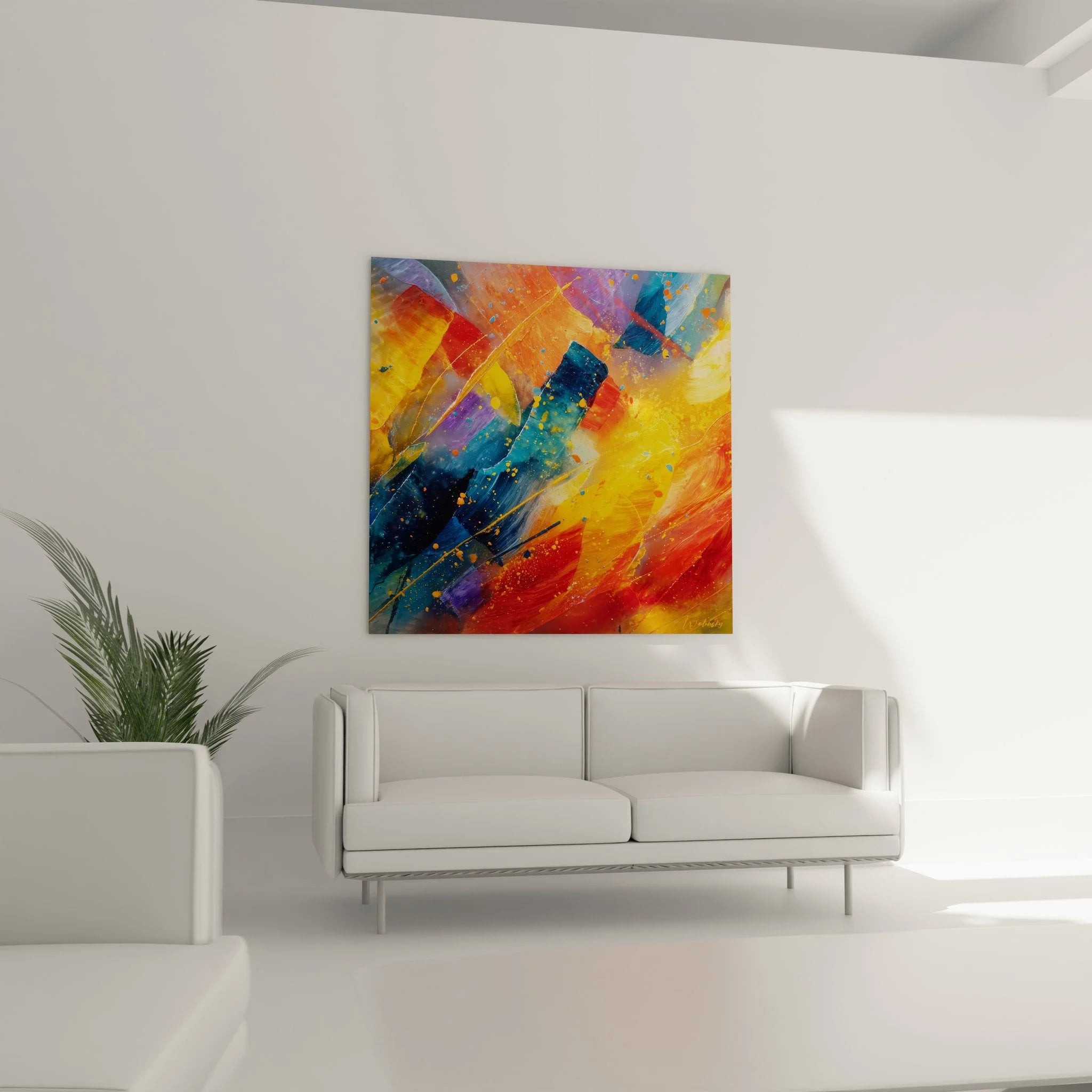 Detailansicht abstrakte Wandkunst Farbspritzer Orange Blau Malerei-Optik Struktur