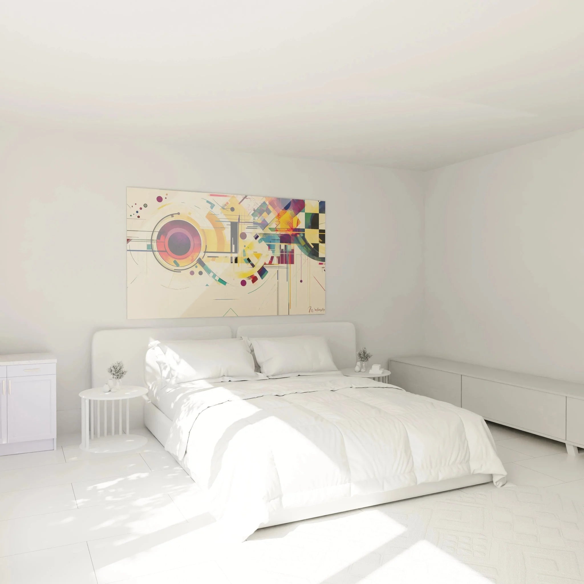 Abstrakte Wandkunst Kandinsky Inspiration in modernem Schlafzimmer mit geometrischen Elementen