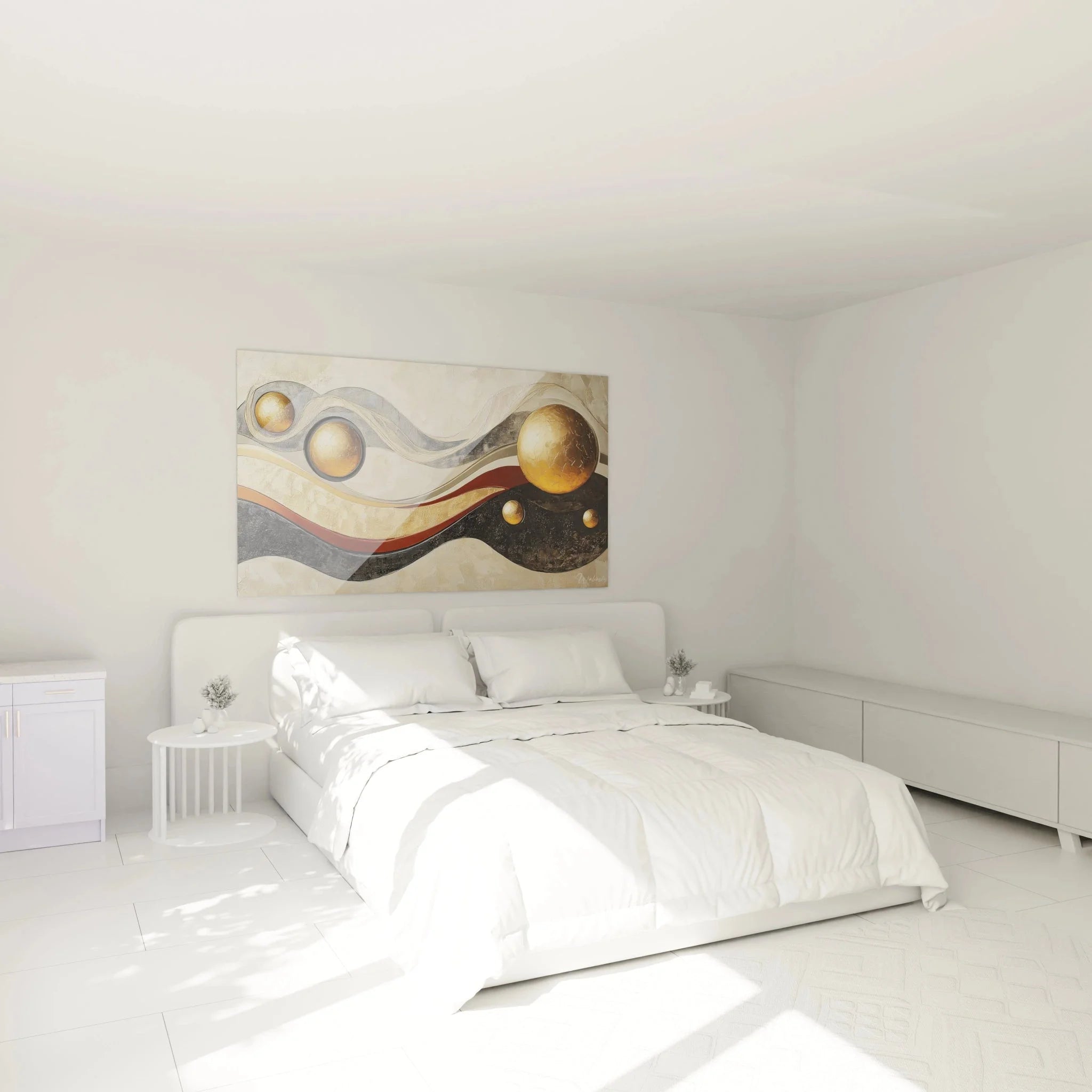 Abstrakte Wandkunst mit goldenen Elementen als stilvolle Schlafzimmer Dekoration