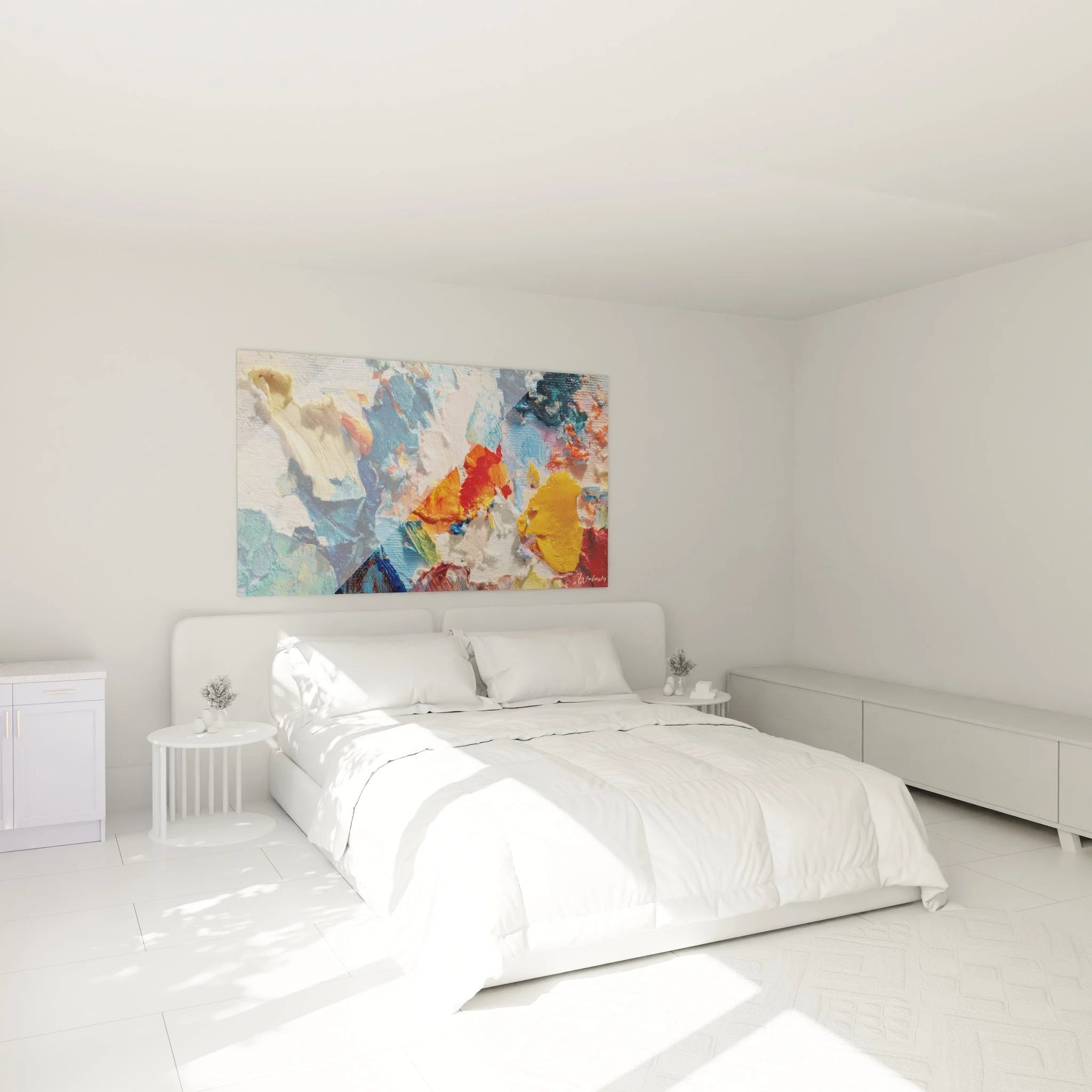 Abstrakte Wandkunst mit bunten Farben als Schlafzimmer Dekoration in Malerei-Optik