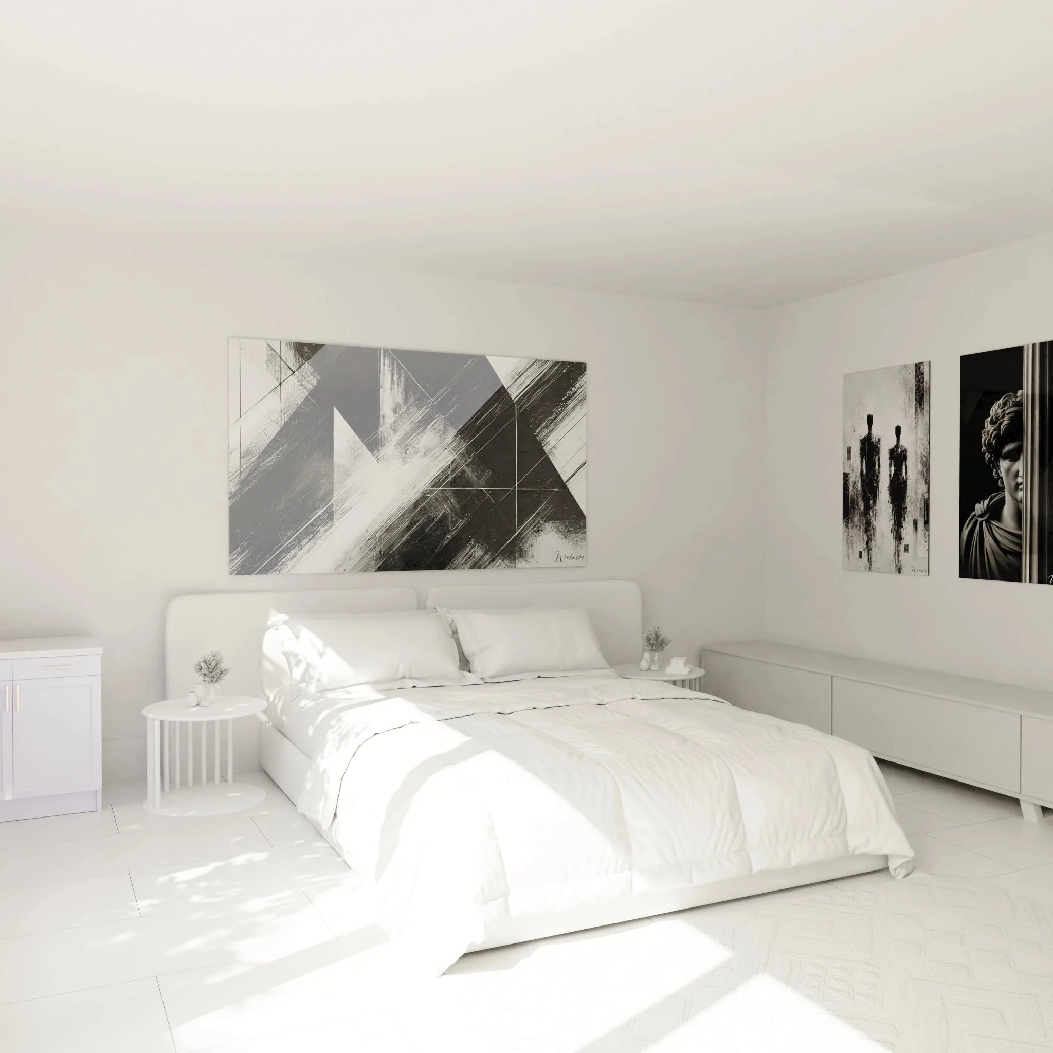 Abstraktes Wandbild mit geometrischen Formen im Schlafzimmer, schwarz-weiße Wanddekoration über dem Bett