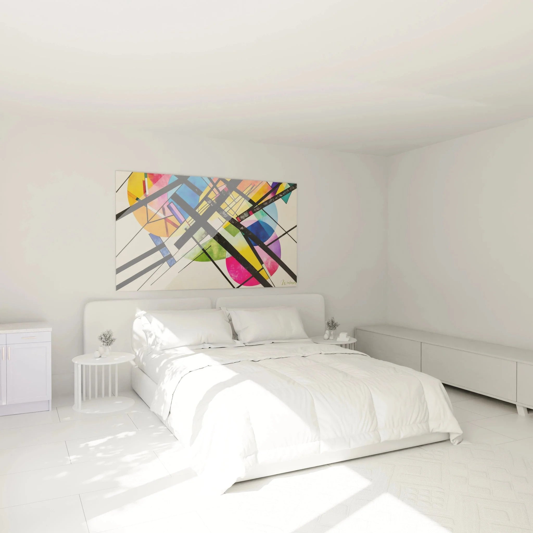Abstrakte geometrische Wandkunst mit dynamischen Linien als Schlafzimmer Dekoration
