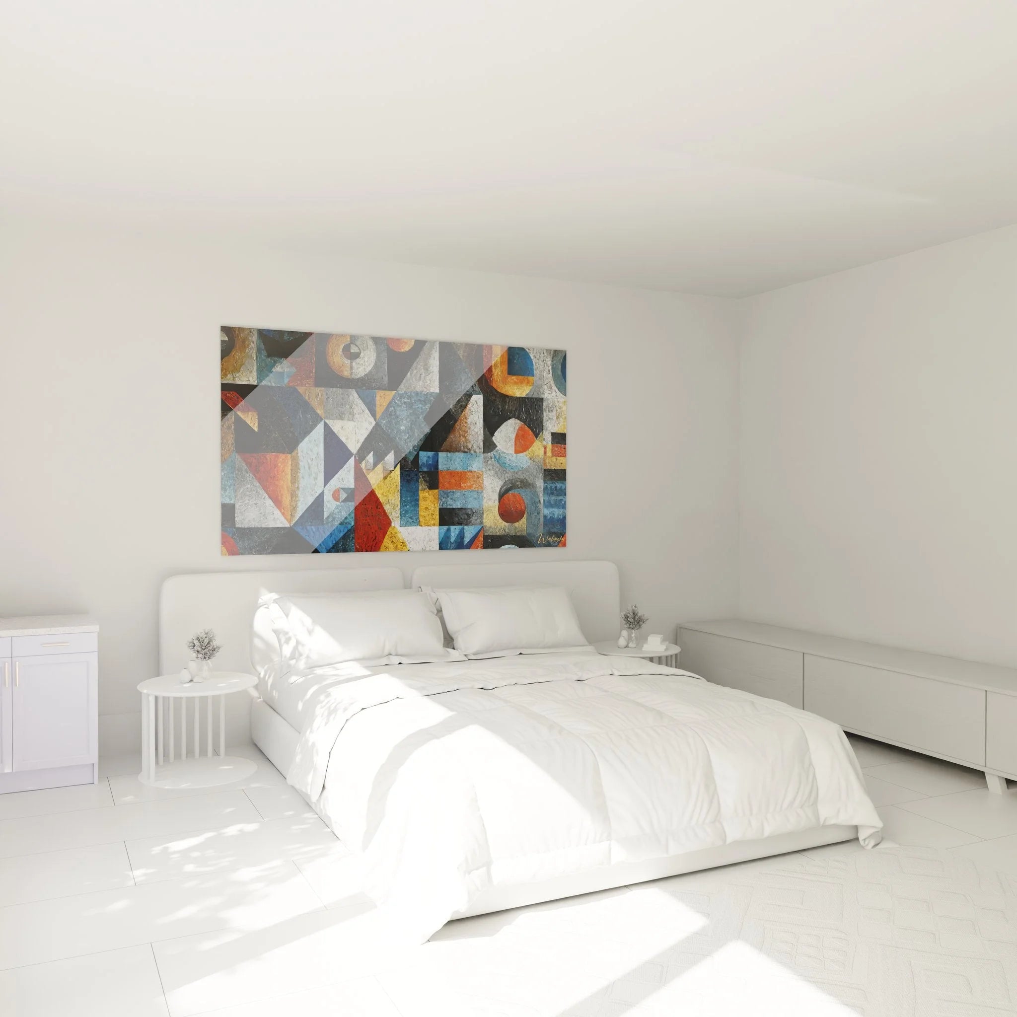 Abstrakte Wandkunst mit geometrischen Formen als moderne Schlafzimmerdekoration in warmen Farben