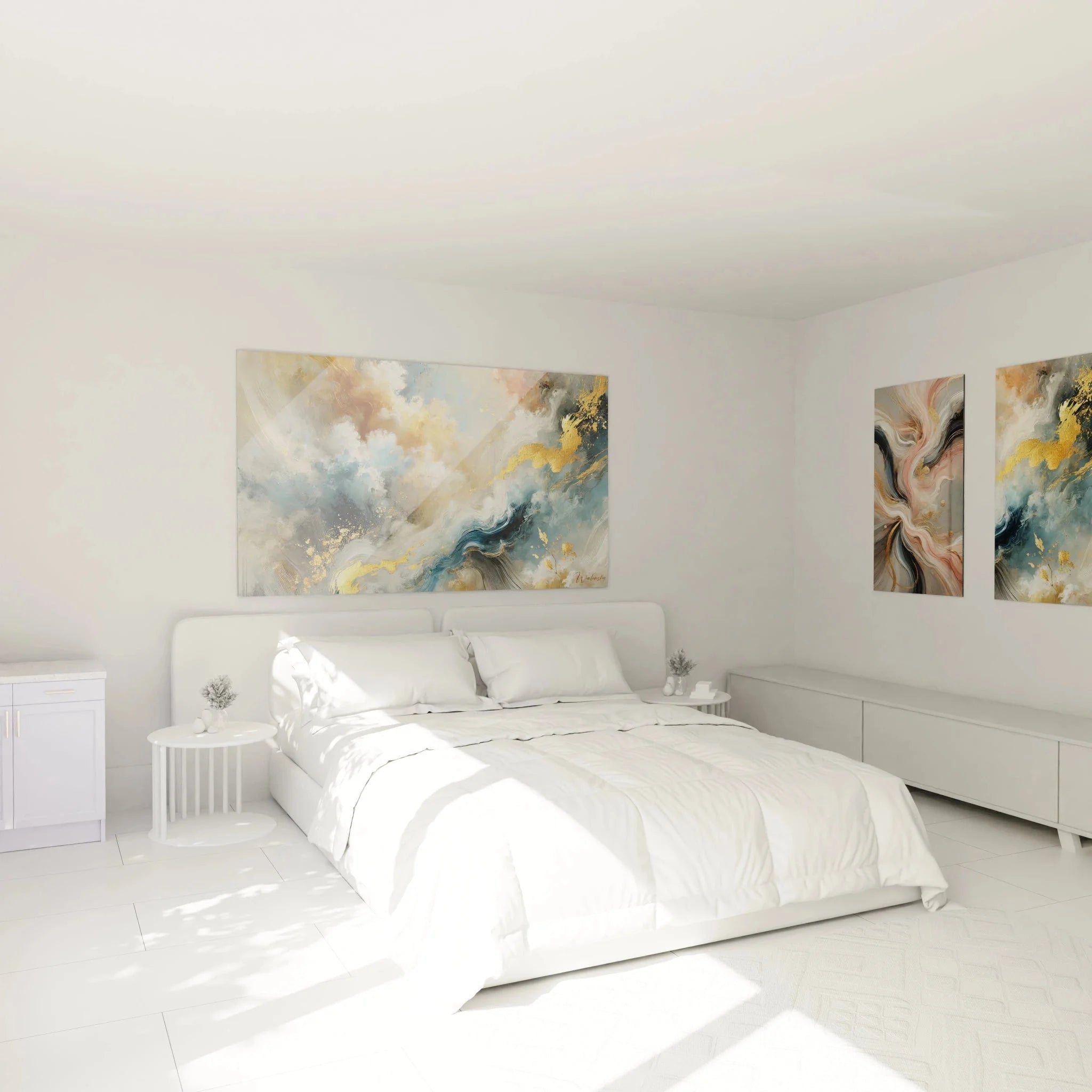 Abstrakte Wandkunst mit Goldeffekten als stilvolle Schlafzimmer-Dekoration im modernen Ambiente