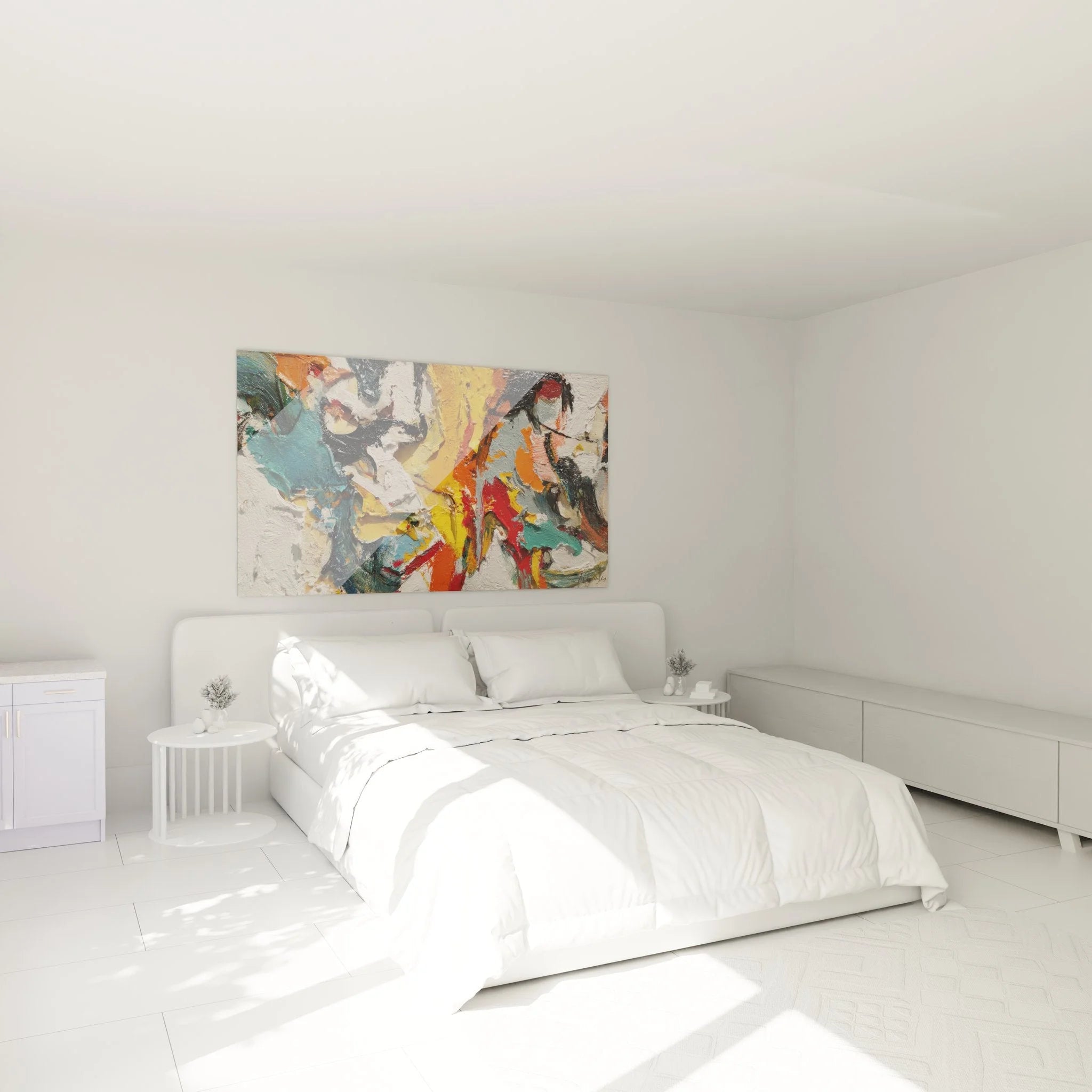 Abstrakte Wandkunst mit leuchtenden Farben als Schlafzimmer Dekoration in Malerei-Optik Stil