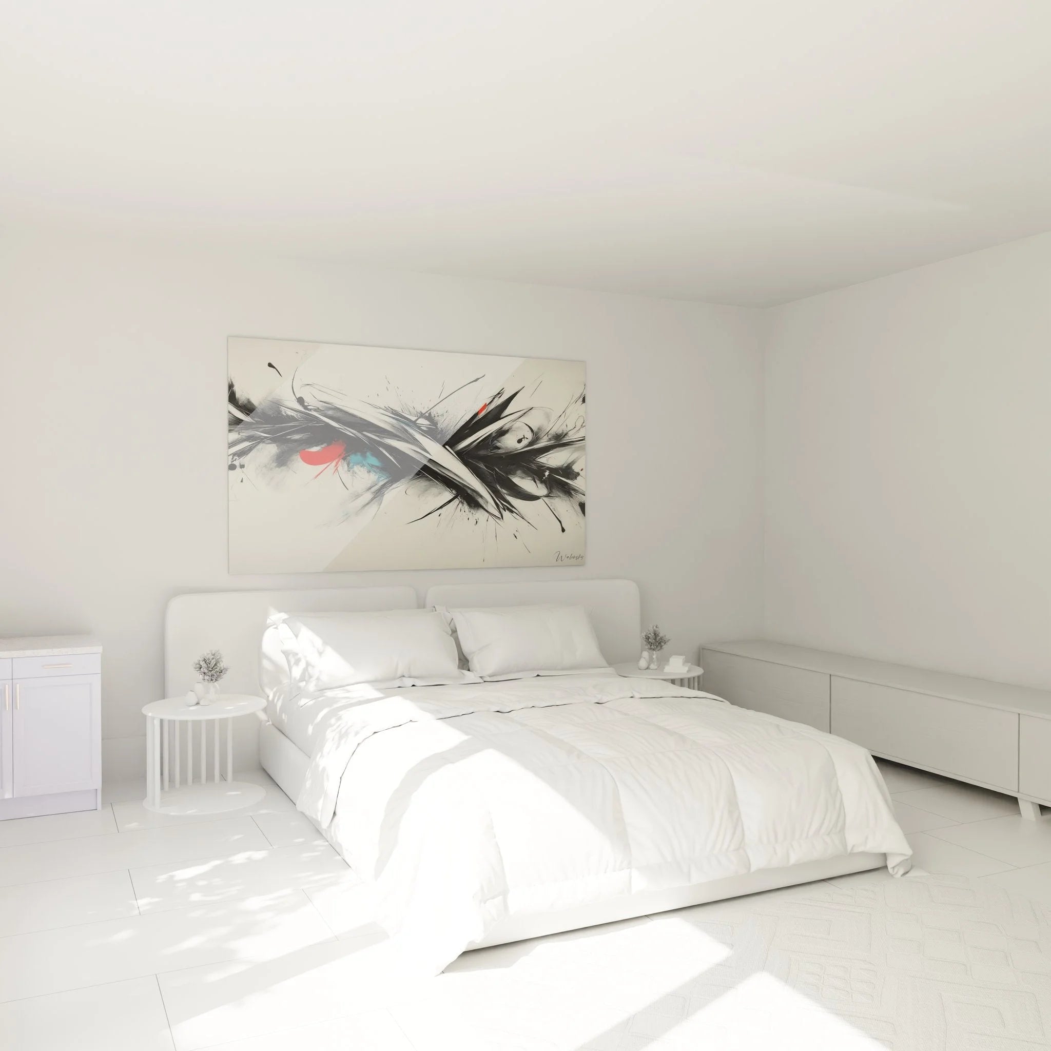 Modernes Wandbild abstrakte Kunst in Schlafzimmer Ambiente mit minimalistischer Einrichtung
