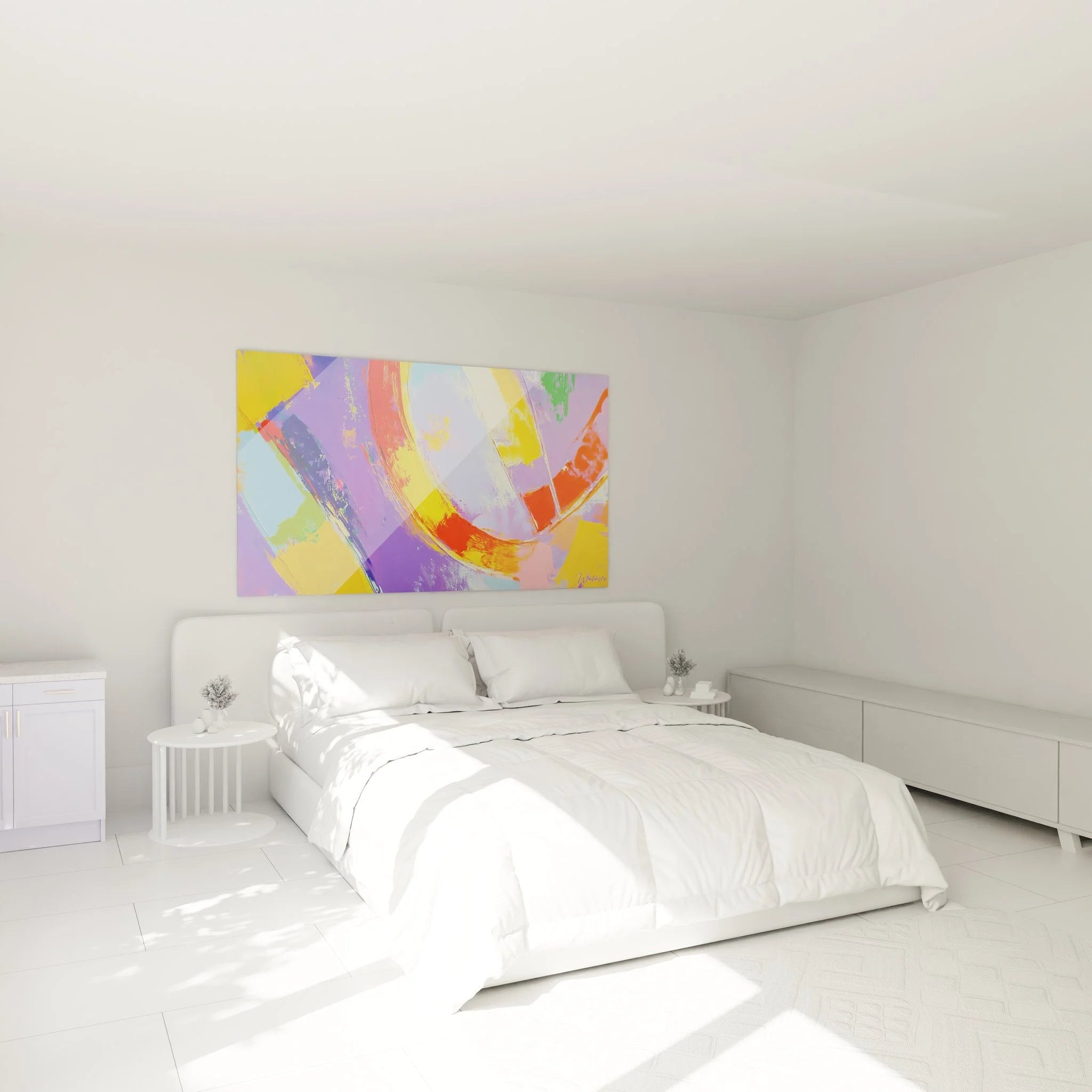 Abstrakte Wandkunst in Schlafzimmer-Ambiente mit dynamischen Farben und modernem Design