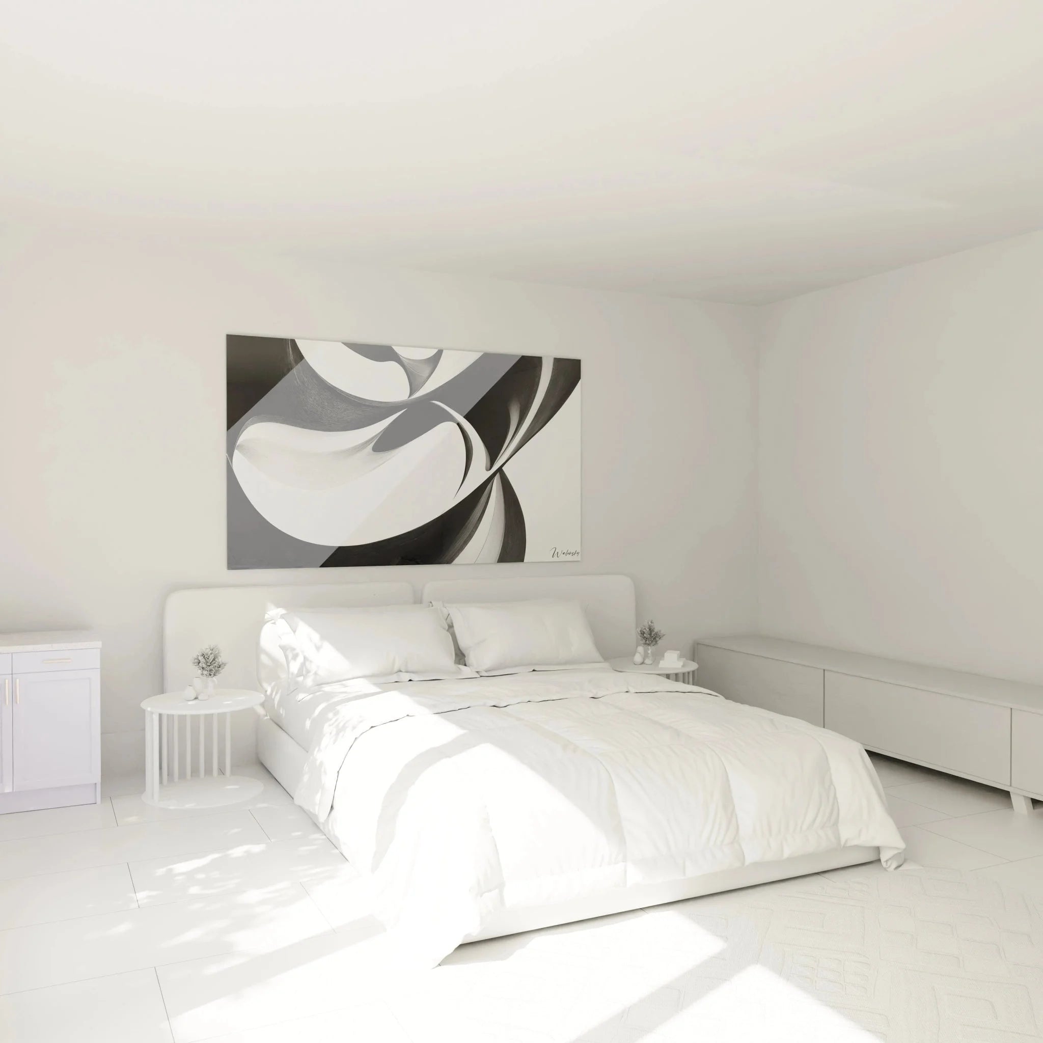 Abstrakte schwarz-weiße Wandkunst mit fließenden Formen als stilvolle Schlafzimmer Dekoration