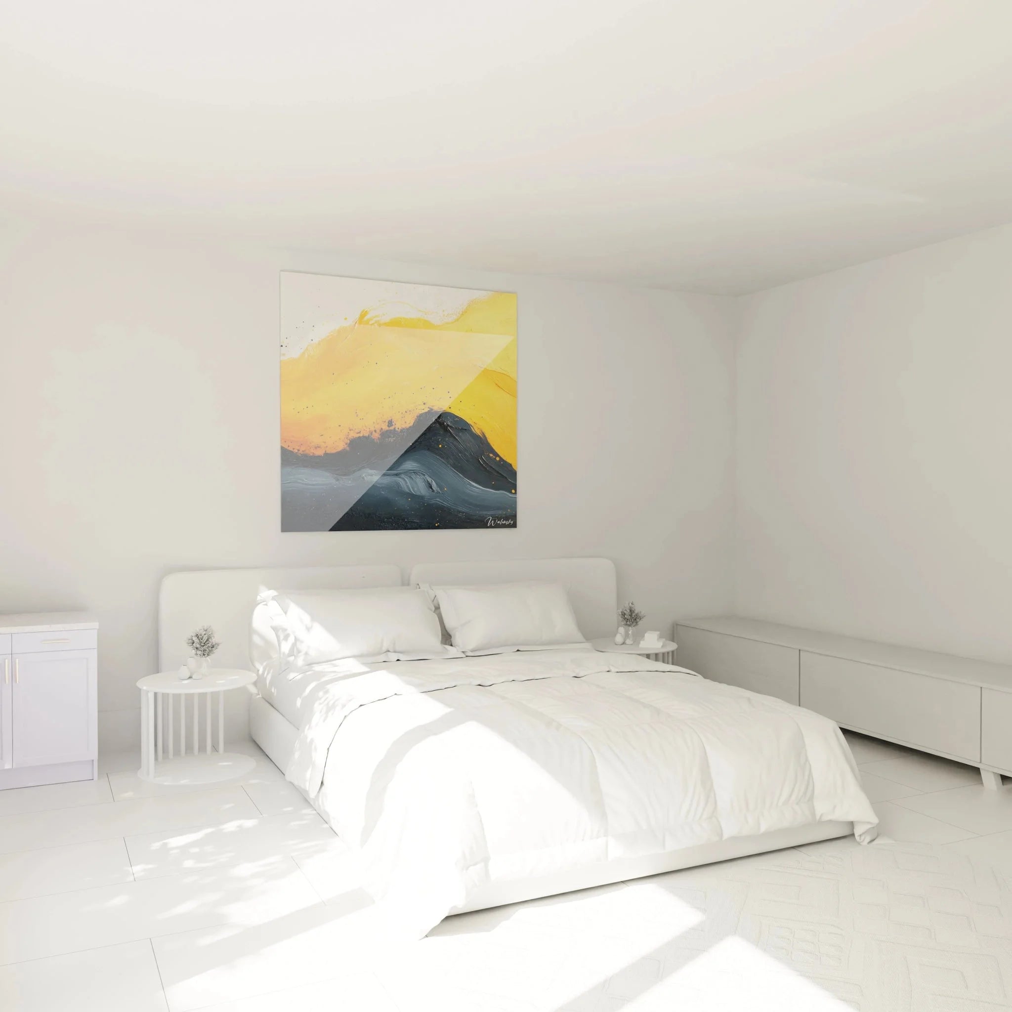 Abstrakte Wanddekoration Welle Gold Blau im modernen Schlafzimmer als stilvolle Wandkunst