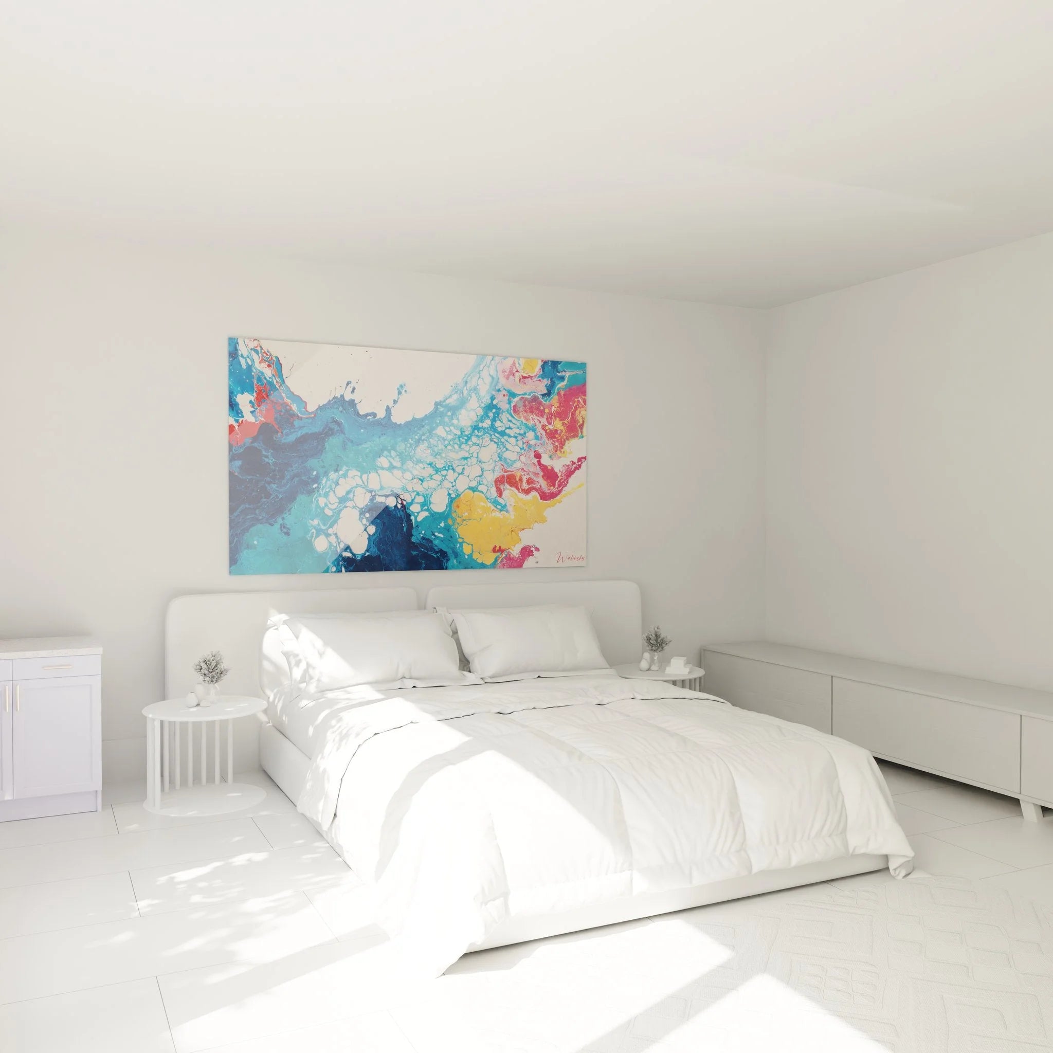 Abstraktes Wandbild Farbverläufe Blau Rosa im Schlafzimmer Ambiente Malerei-Optik