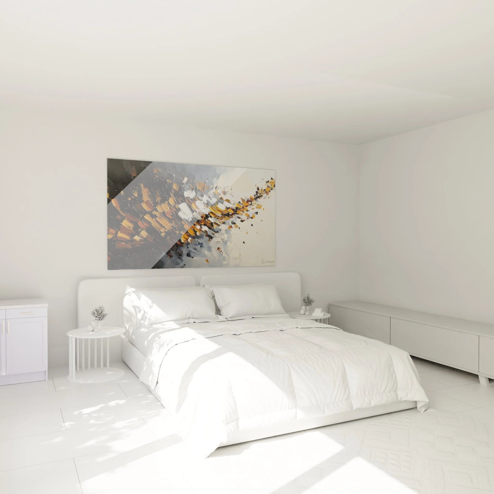 Abstraktes Wandbild mit explosiver Bewegung als moderne Schlafzimmer Dekoration