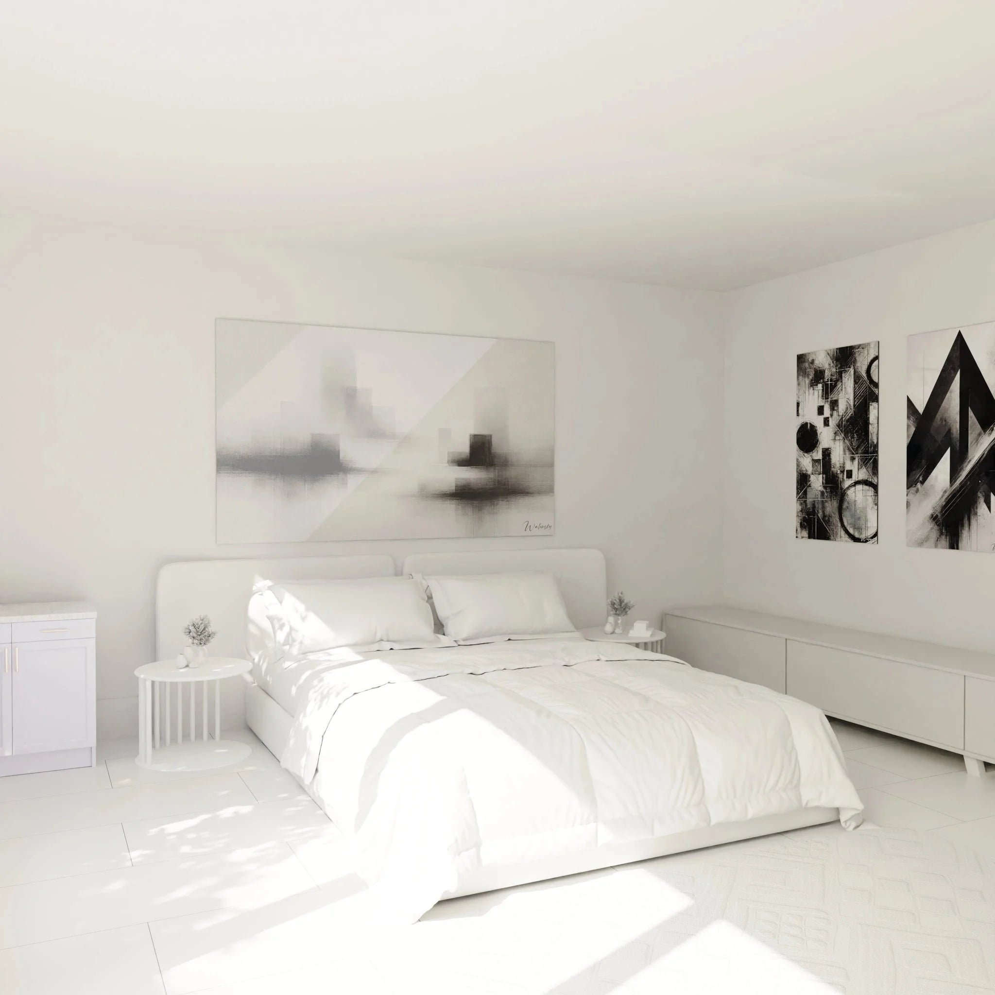 Abstraktes Wandbild in modernem Schlafzimmer - minimalistische Dekoration in Grautönen