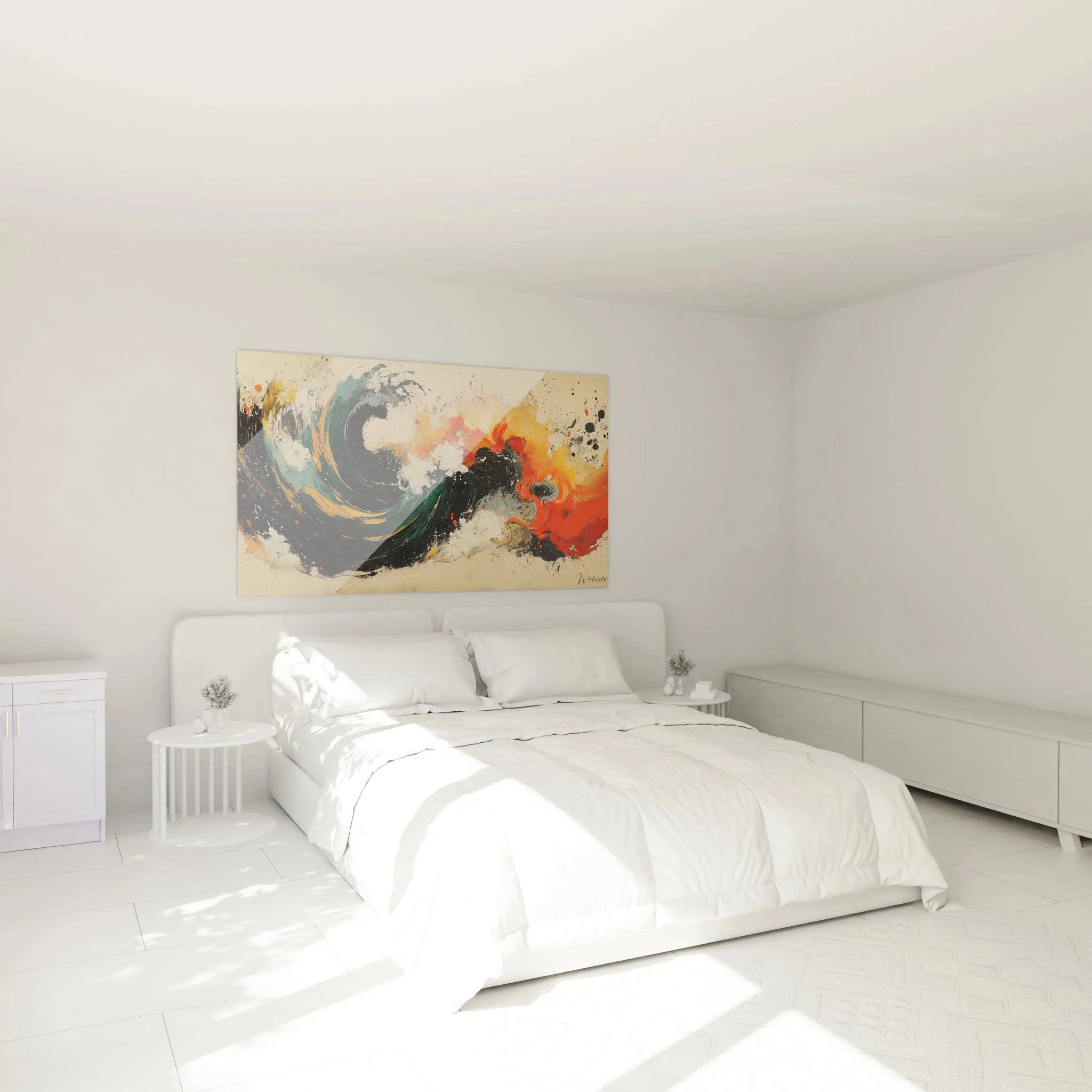 Abstraktes Wandbild mit dynamischen Farbwirbeln als moderne Schlafzimmer Dekoration