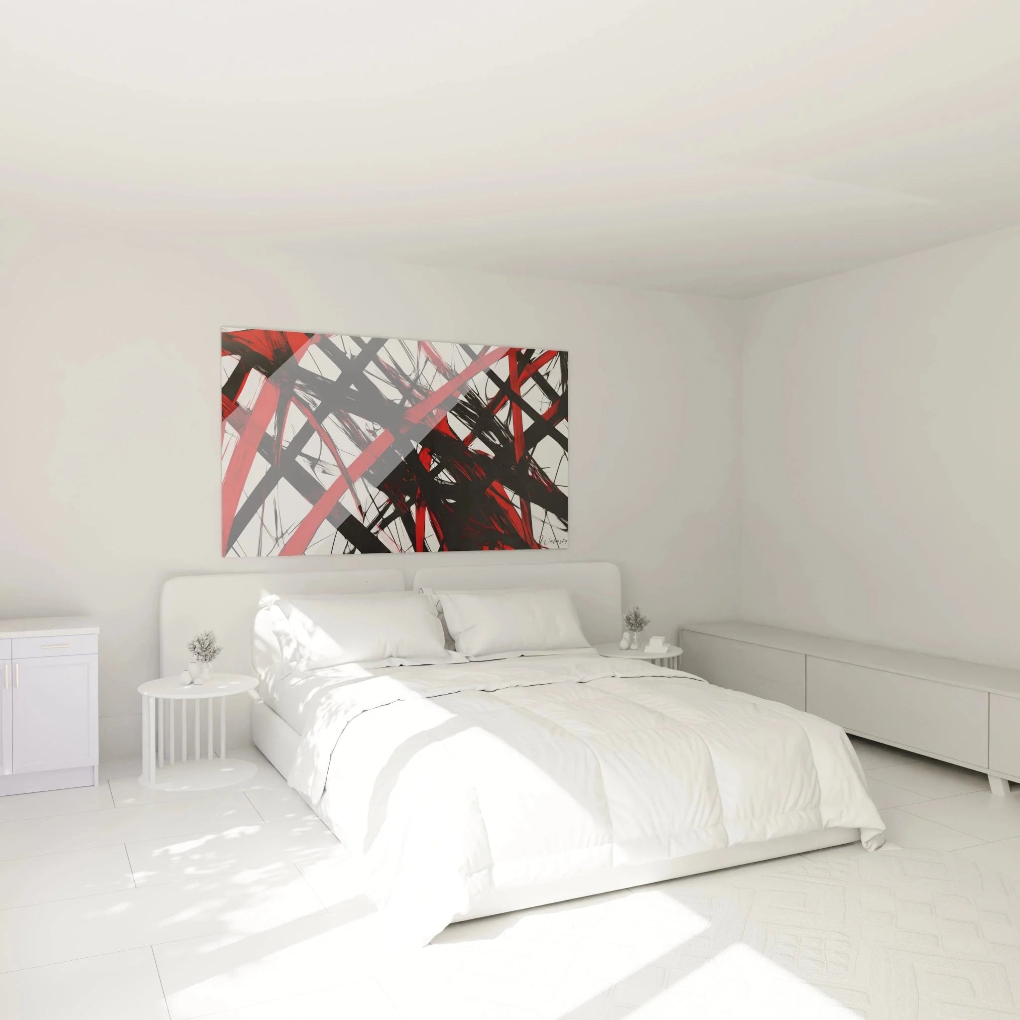 Abstraktes Wandbild mit roten Linien über Bett im Schlafzimmer als moderne Wanddekoration